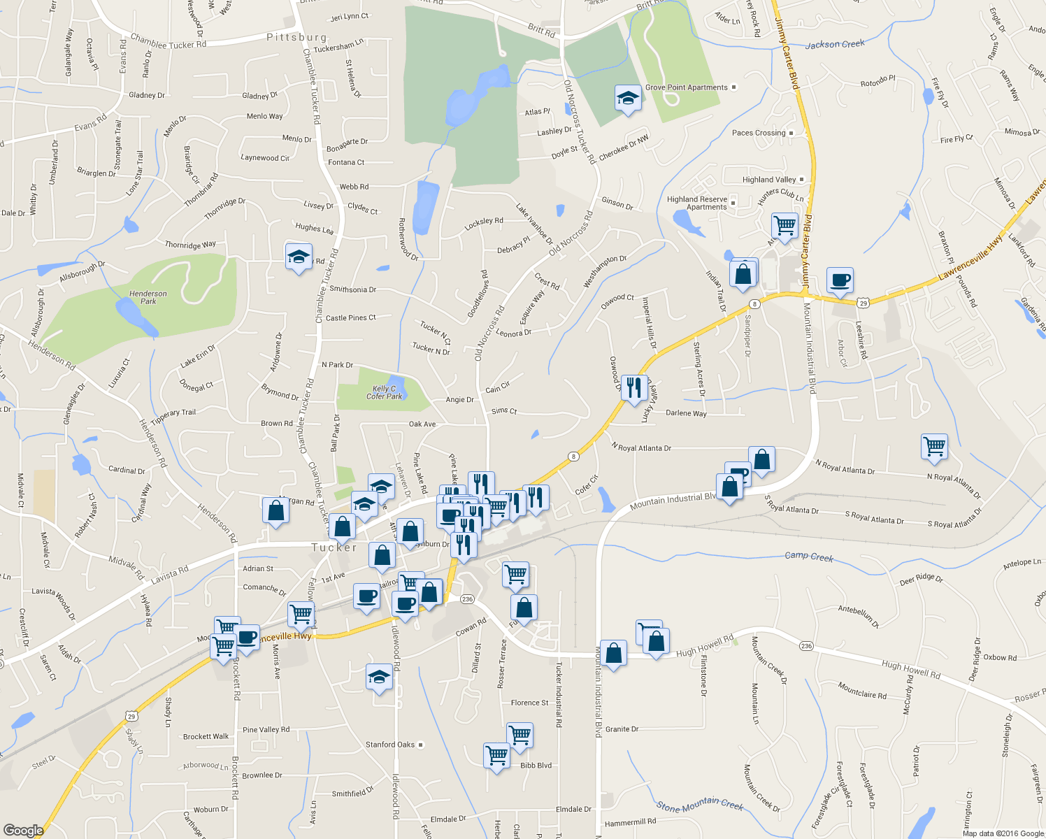map of restaurants, bars, coffee shops, grocery stores, and more near 4477 Sims Court in Tucker