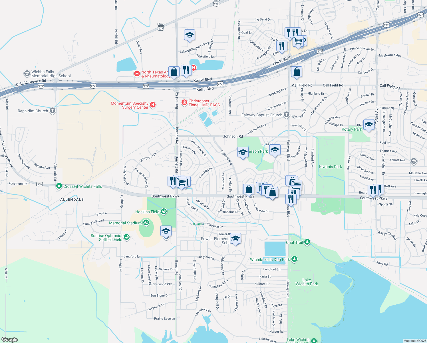 map of restaurants, bars, coffee shops, grocery stores, and more near 4644 Sierra Madre Dr in Wichita Falls