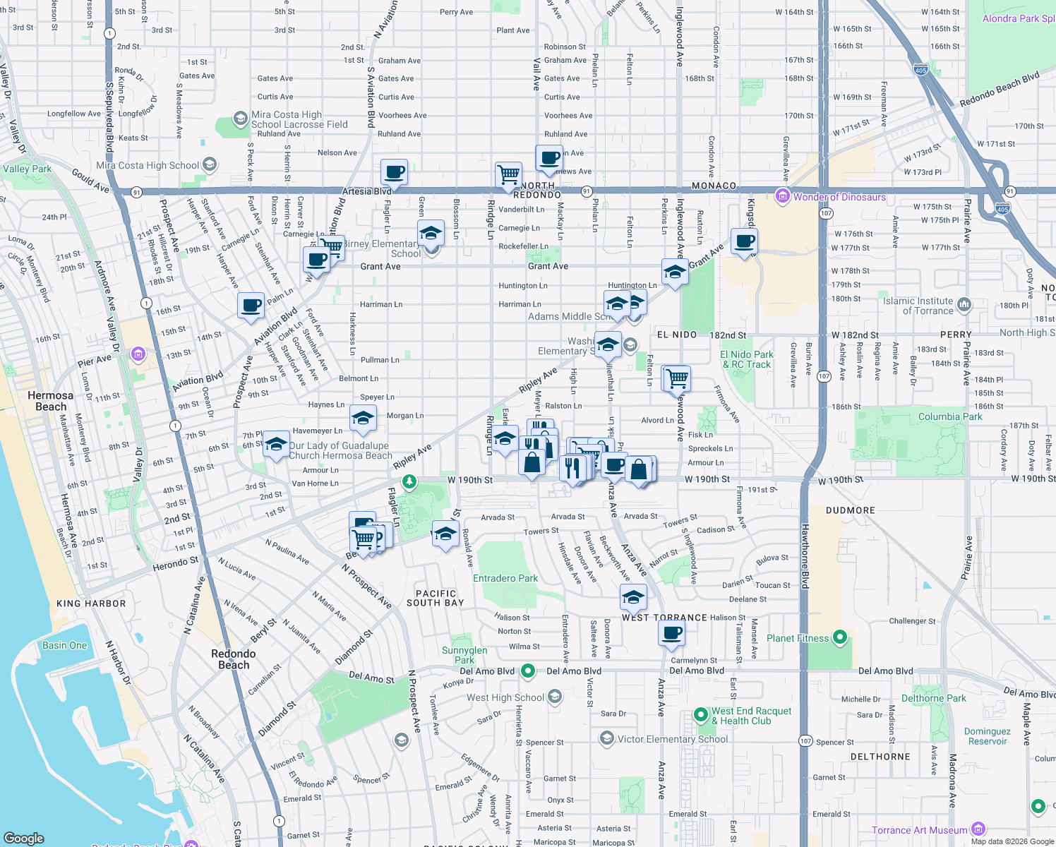 map of restaurants, bars, coffee shops, grocery stores, and more near 2219 Margaret Court in Redondo Beach