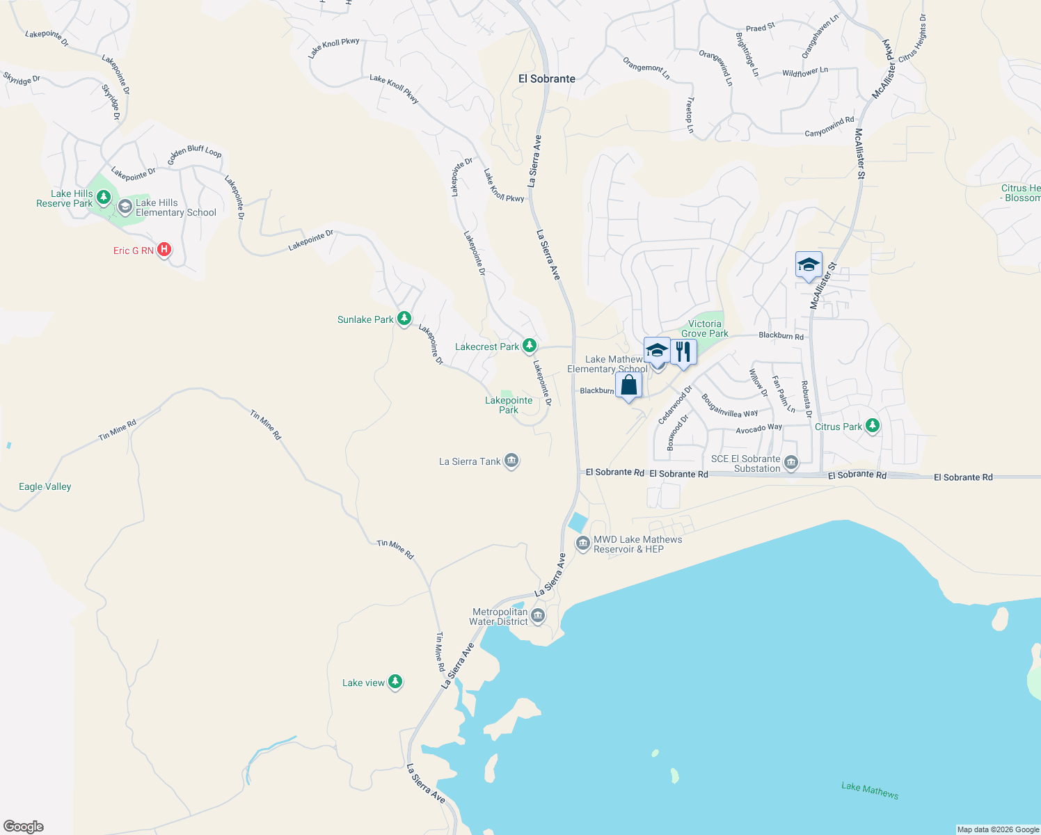 map of restaurants, bars, coffee shops, grocery stores, and more near 17801 Morning Rock Circle in Riverside