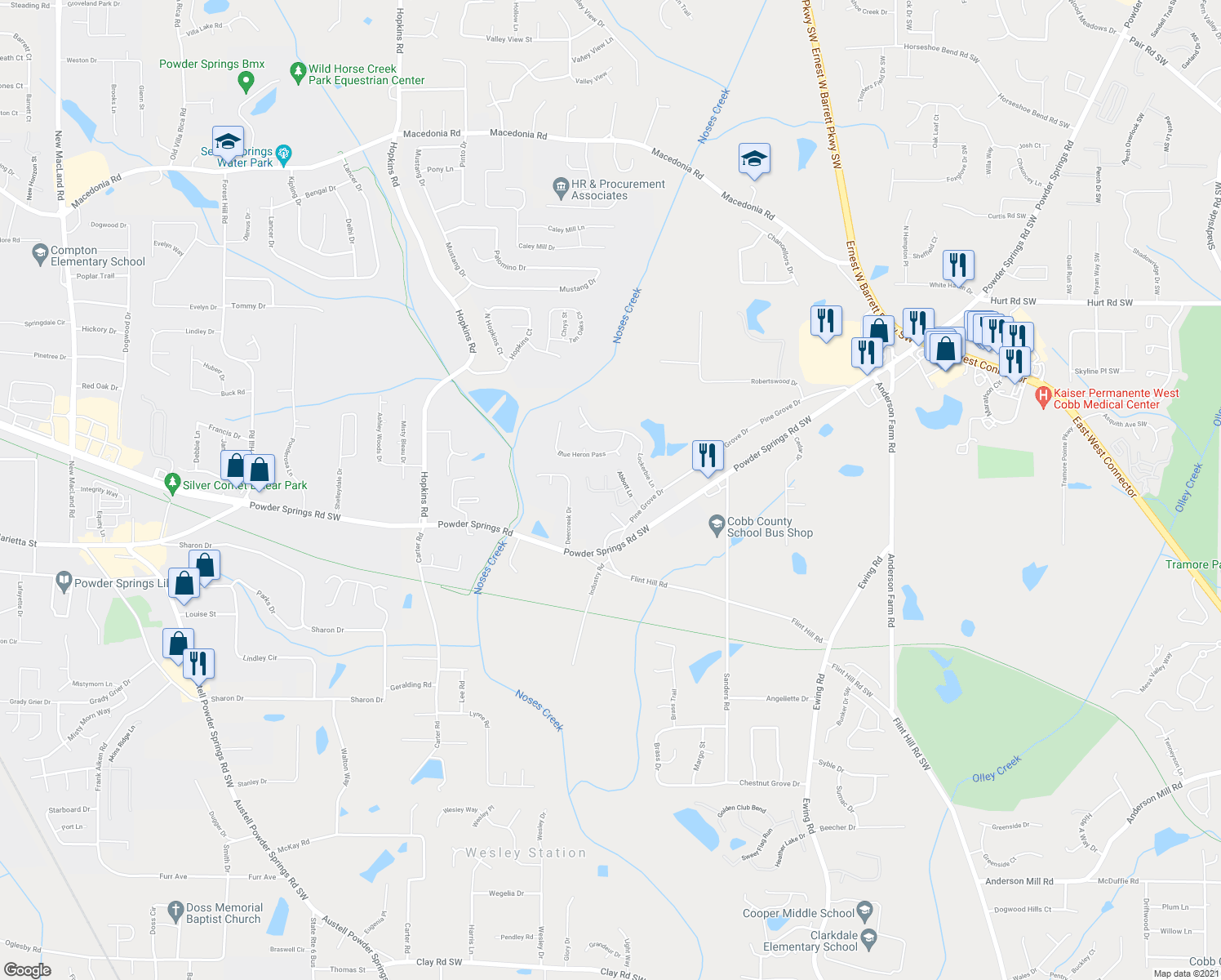 map of restaurants, bars, coffee shops, grocery stores, and more near 3232 Abbott Drive Southwest in Powder Springs