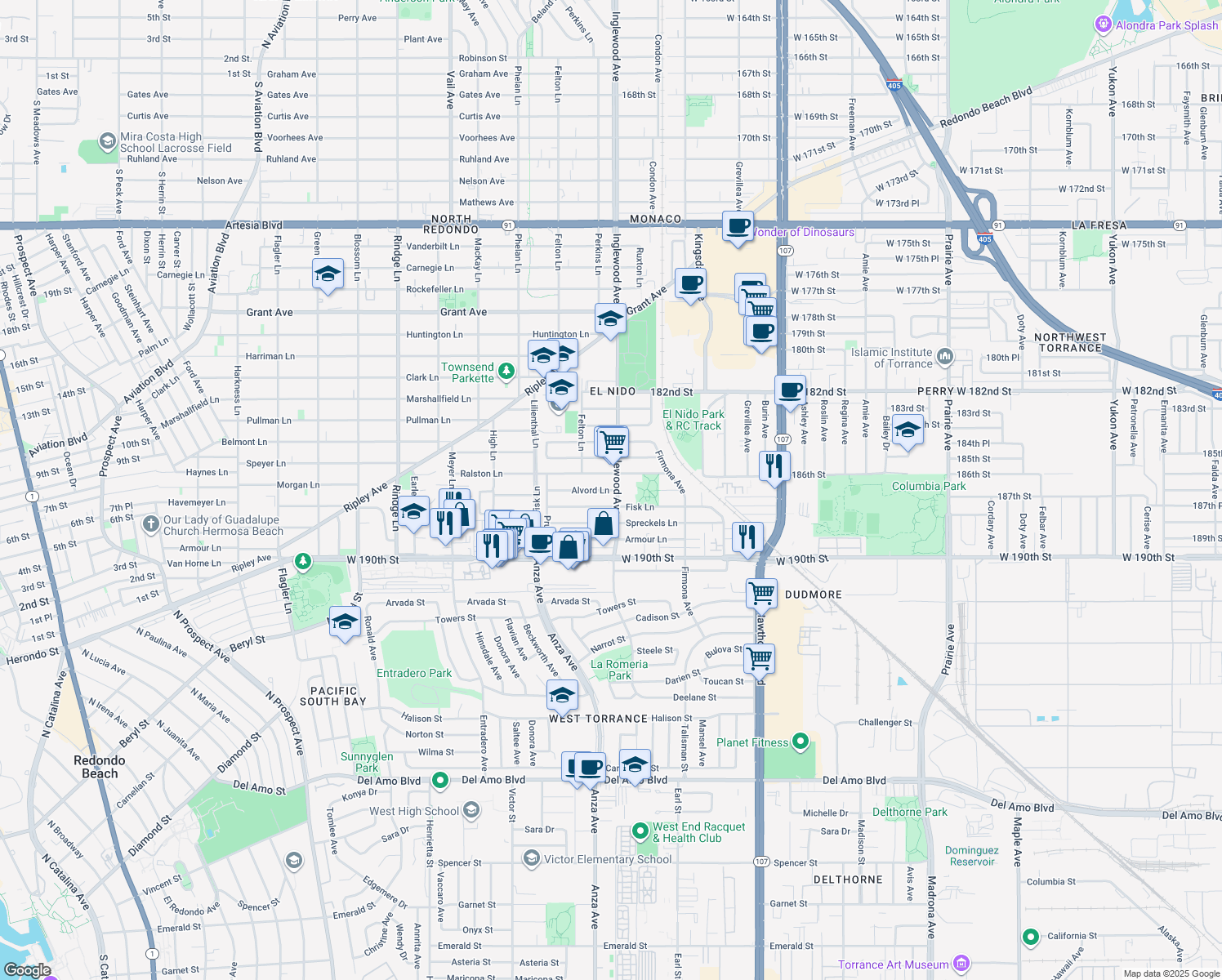 map of restaurants, bars, coffee shops, grocery stores, and more near 2617 Alvord Lane in Redondo Beach