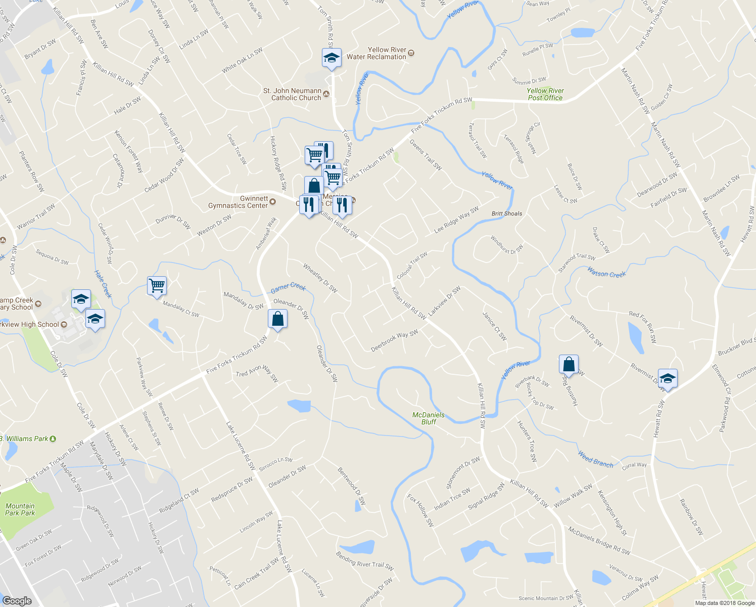 map of restaurants, bars, coffee shops, grocery stores, and more near 4031 Mayflower Court Southwest in Lilburn