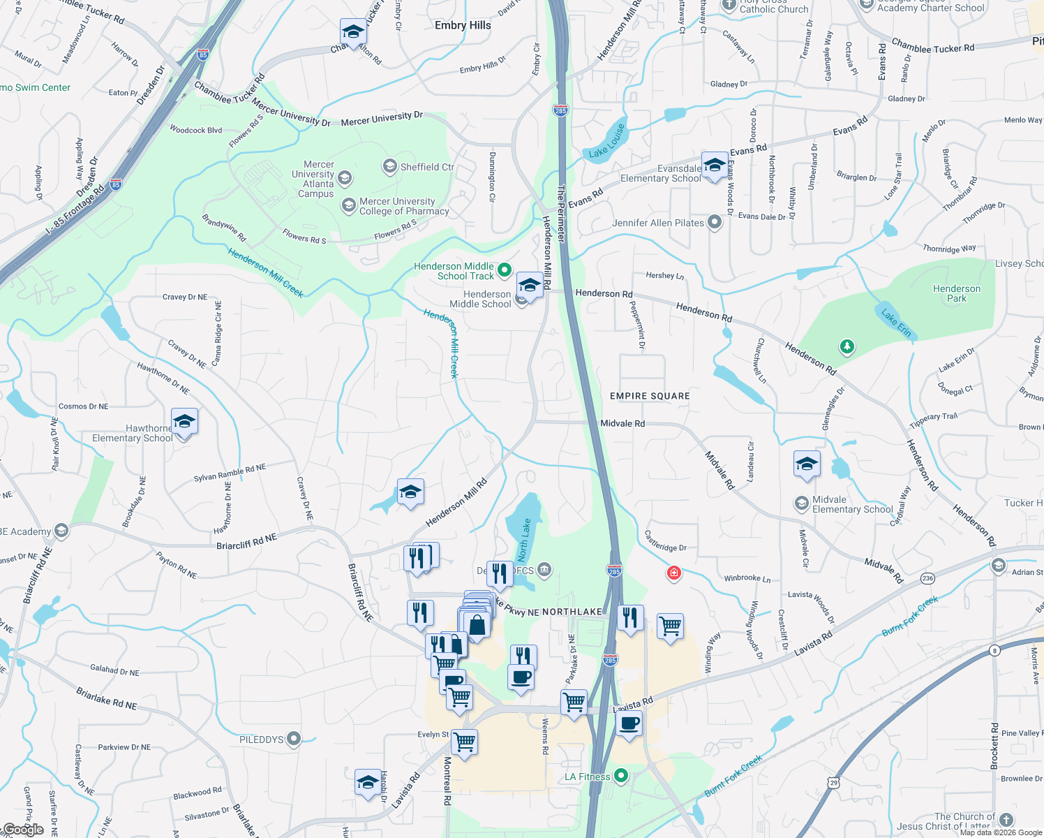 map of restaurants, bars, coffee shops, grocery stores, and more near in DeKalb County