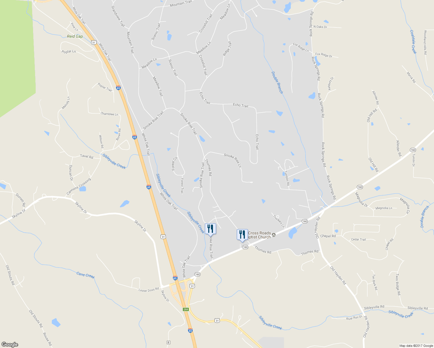 map of restaurants, bars, coffee shops, grocery stores, and more near 105 Thomas Road in Warrior