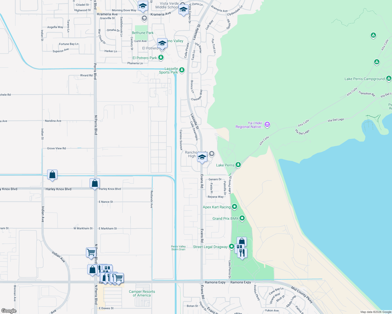 map of restaurants, bars, coffee shops, grocery stores, and more near 17757 Camino San Simeon in Moreno Valley