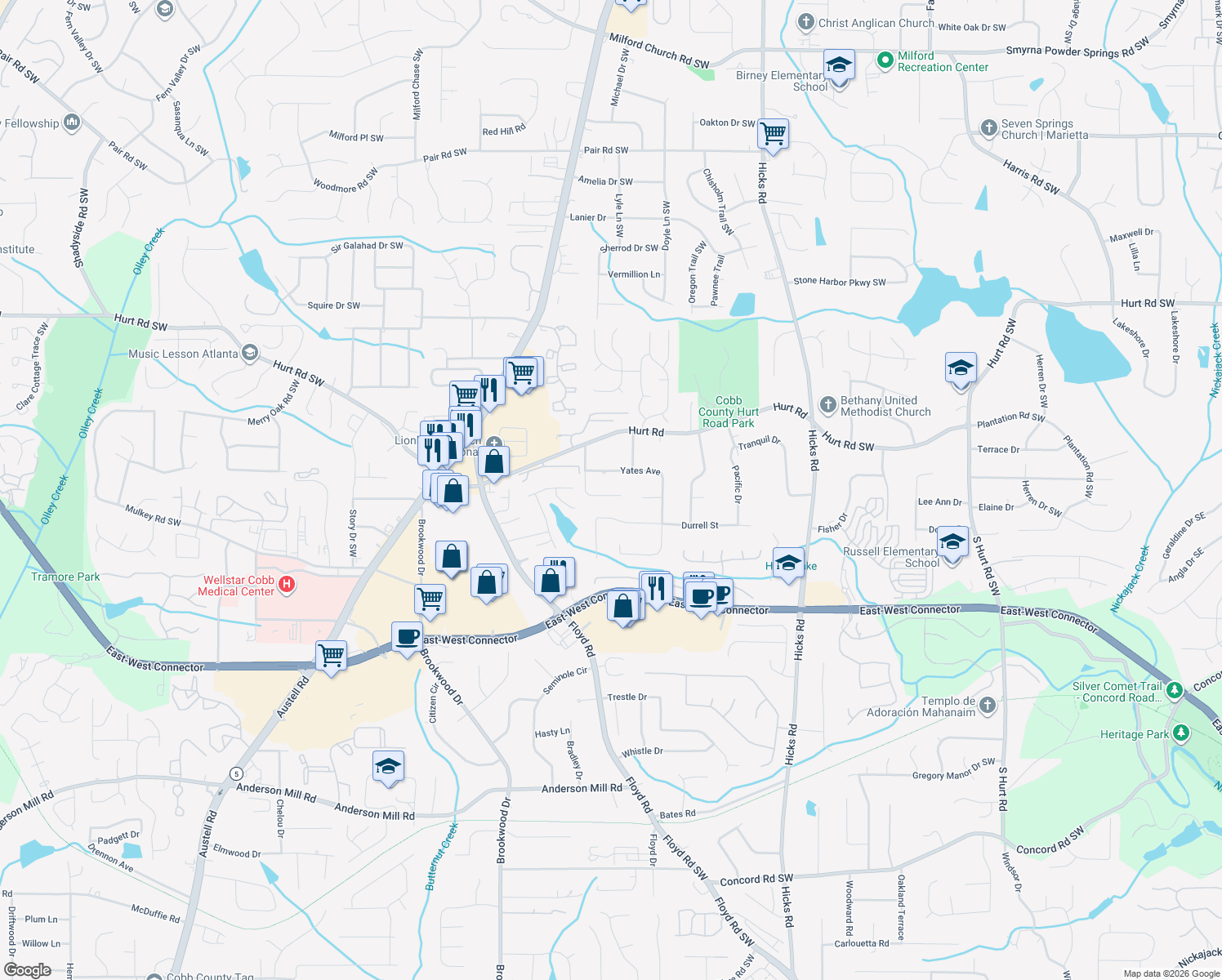 map of restaurants, bars, coffee shops, grocery stores, and more near 1277 Winesap Drive in Austell