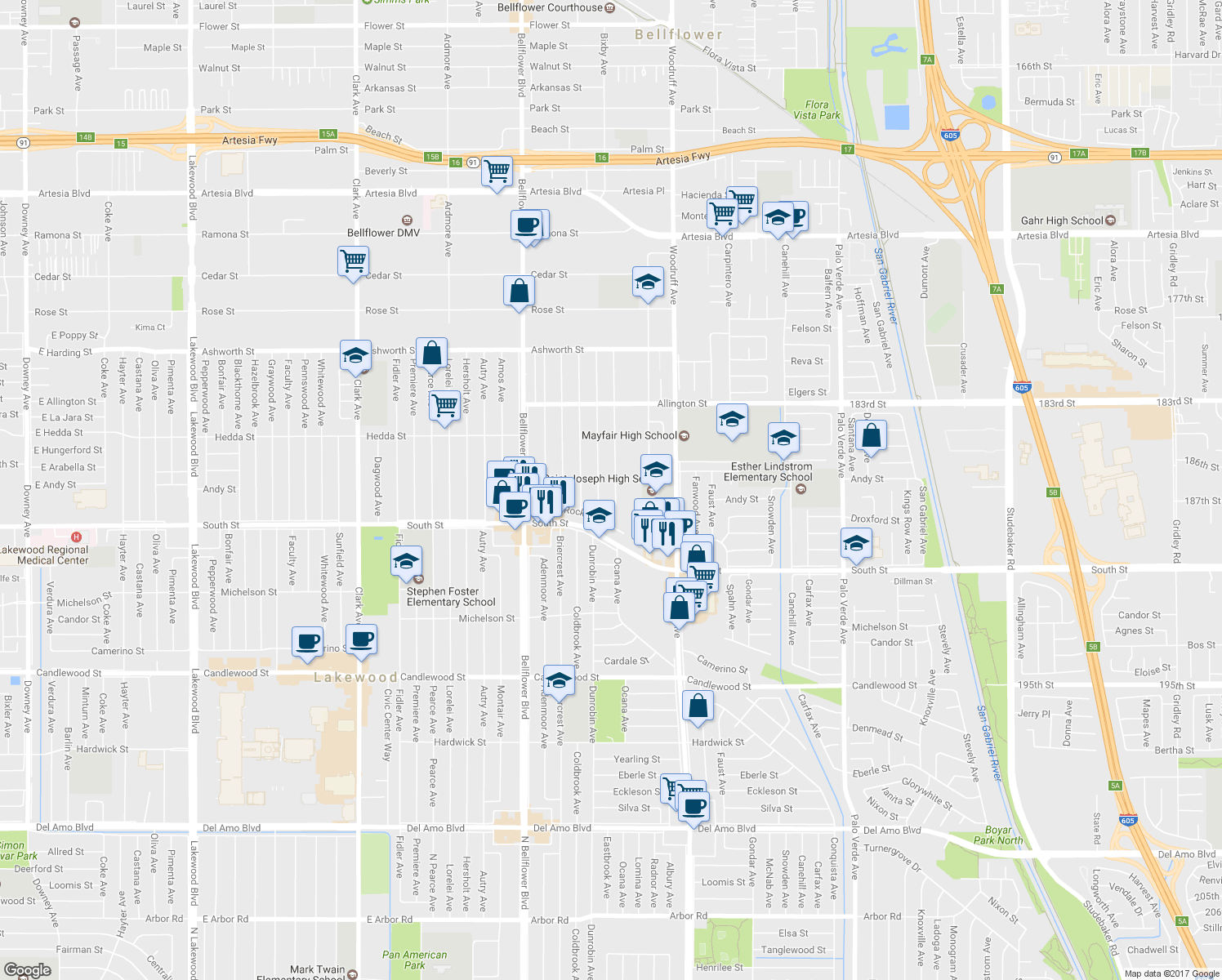 map of restaurants, bars, coffee shops, grocery stores, and more near 5857 Eastbrook Avenue in Lakewood