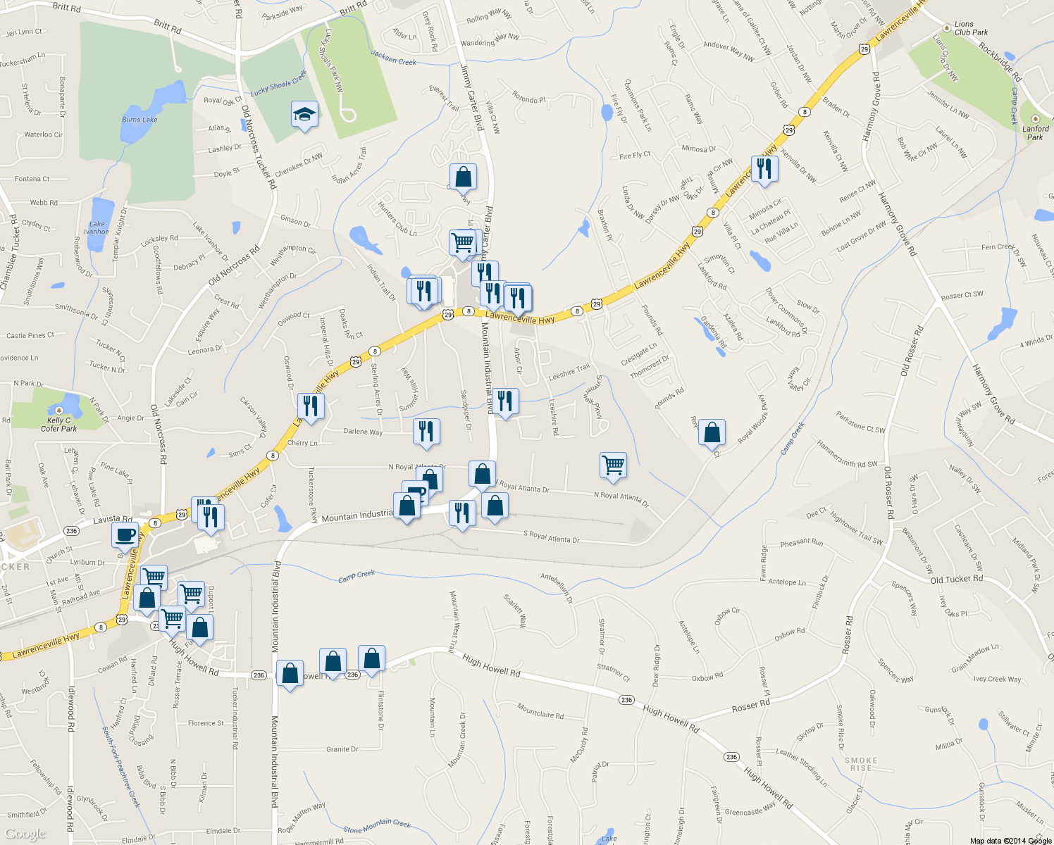map of restaurants, bars, coffee shops, grocery stores, and more near 4958 Presidents Way in Tucker