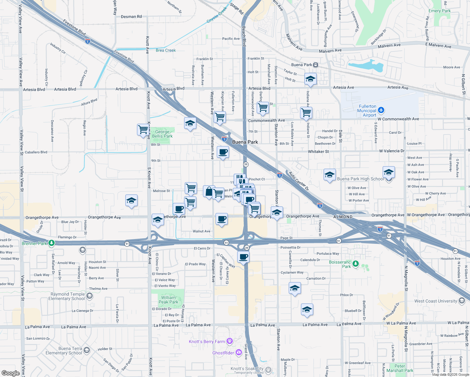 map of restaurants, bars, coffee shops, grocery stores, and more near 6681 Beach Boulevard in Buena Park