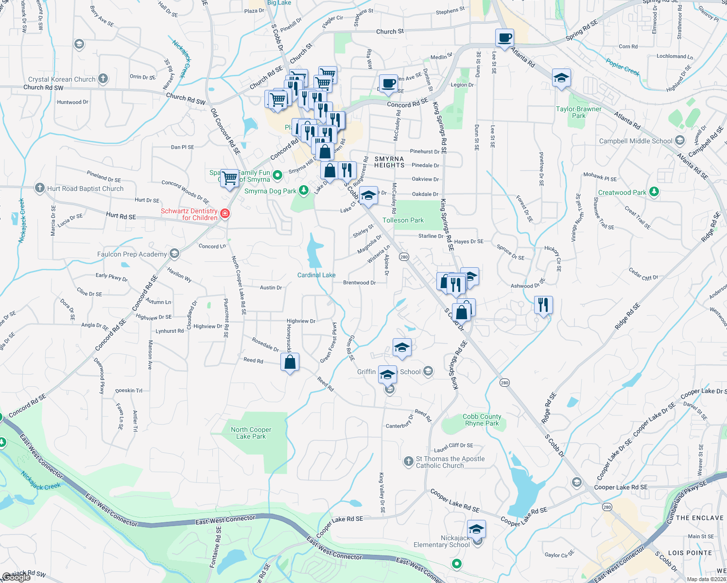 map of restaurants, bars, coffee shops, grocery stores, and more near 3791 Gann Road Southeast in Smyrna