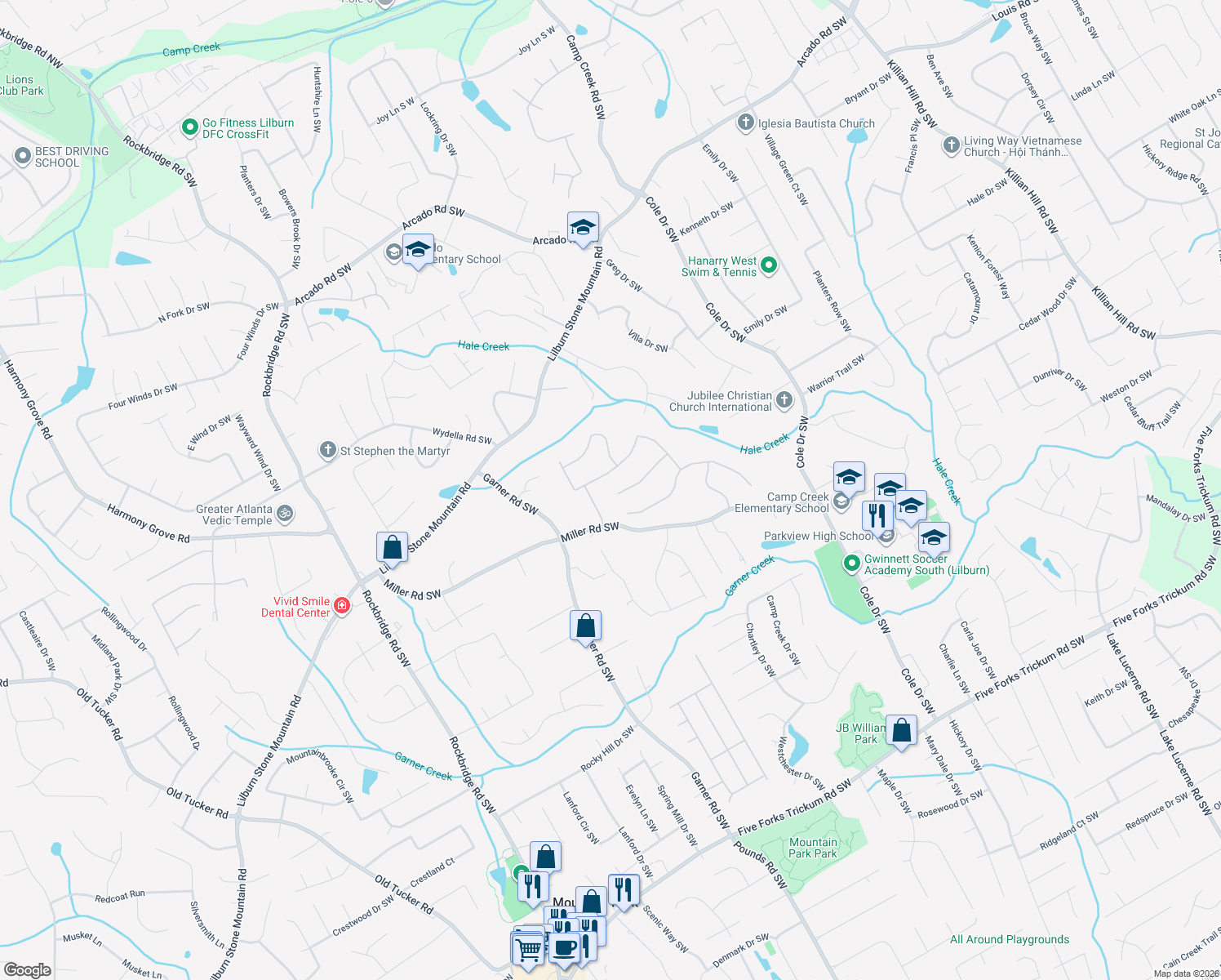 map of restaurants, bars, coffee shops, grocery stores, and more near 5055 Haralson Way SW in Lilburn