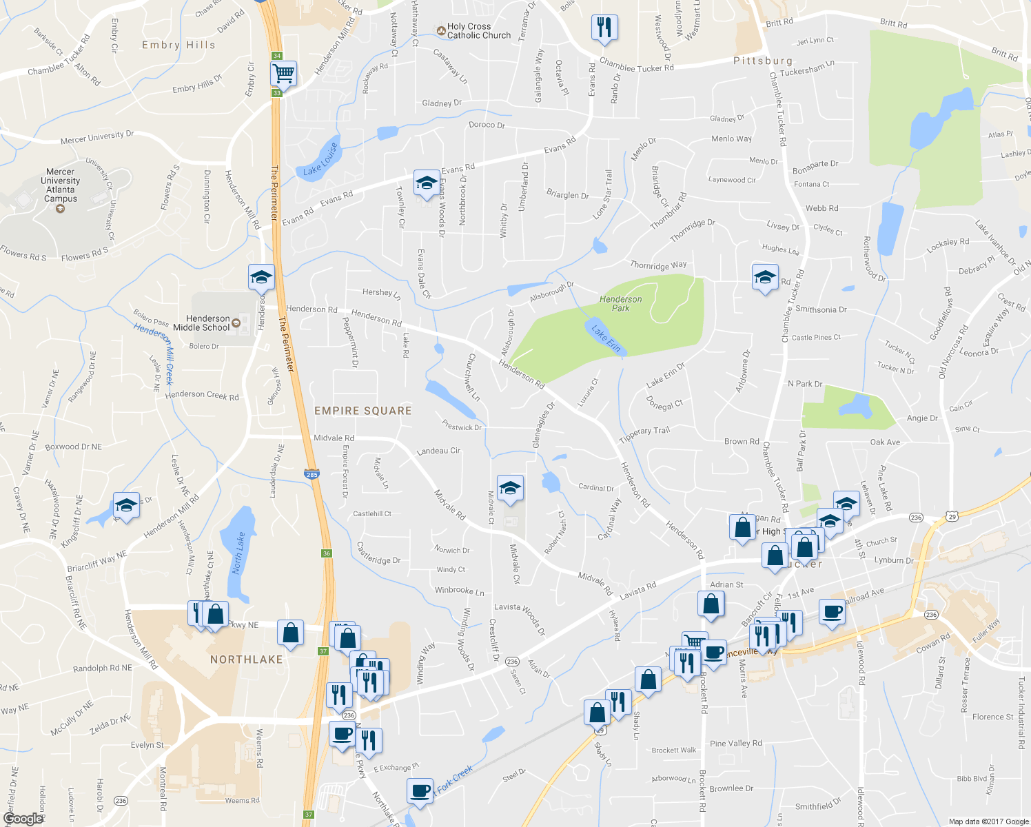 map of restaurants, bars, coffee shops, grocery stores, and more near 3733 Gleneagles Lane in Tucker