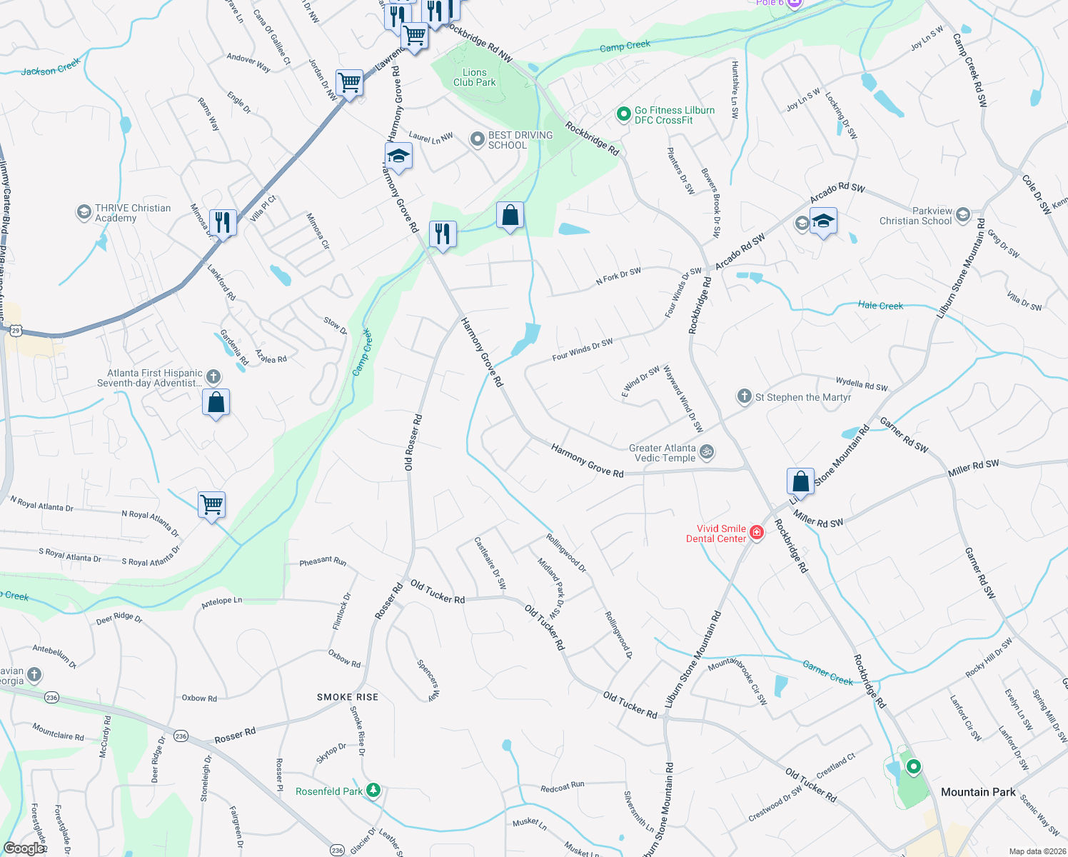 map of restaurants, bars, coffee shops, grocery stores, and more near 302 Harmony Grove Road in Lilburn
