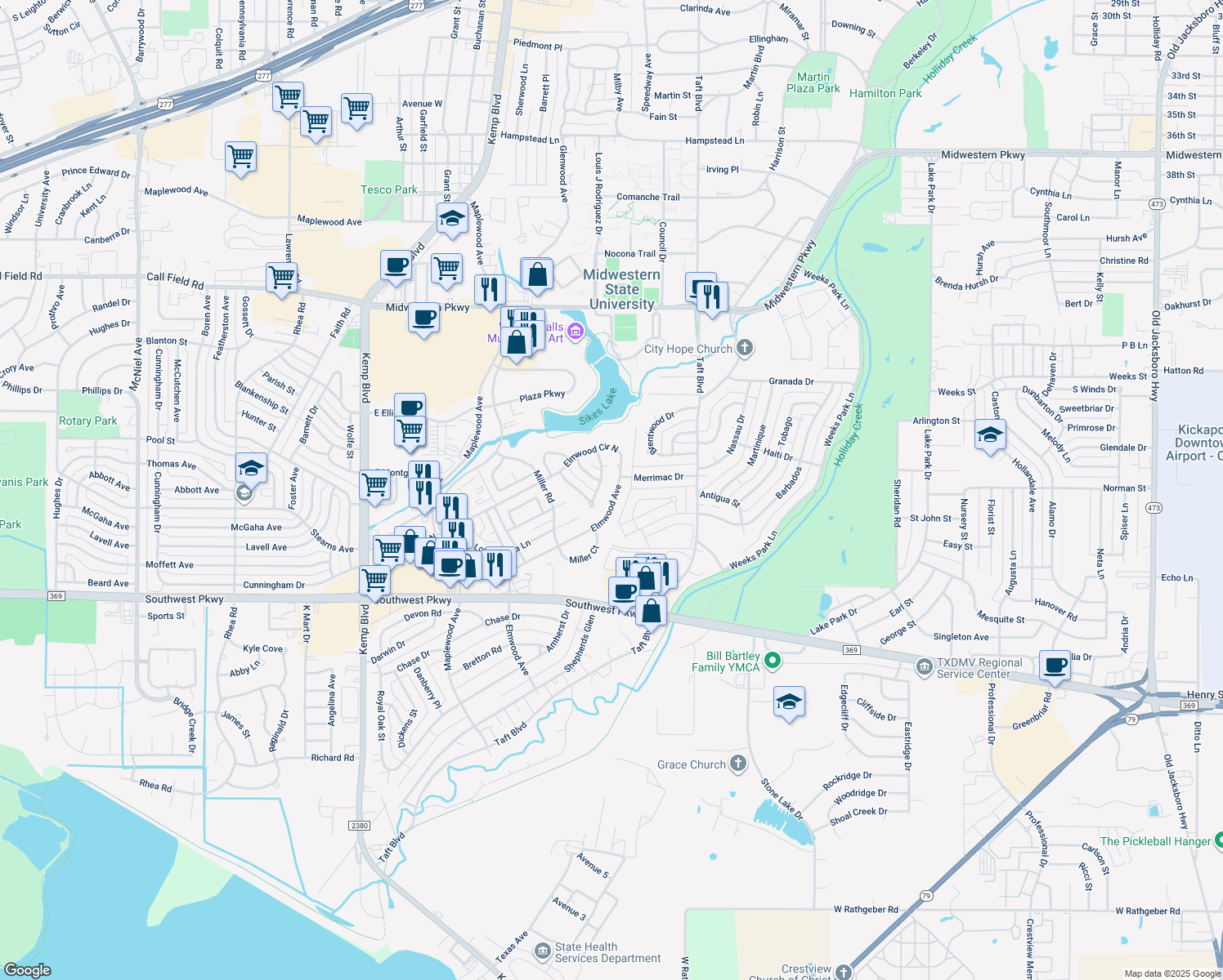 map of restaurants, bars, coffee shops, grocery stores, and more near 2606 Elmwood Avenue in Wichita Falls