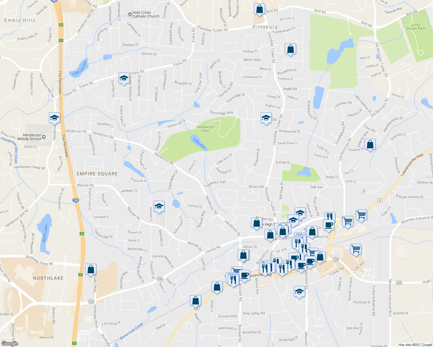 map of restaurants, bars, coffee shops, grocery stores, and more near 3963 Donegal Court in Tucker