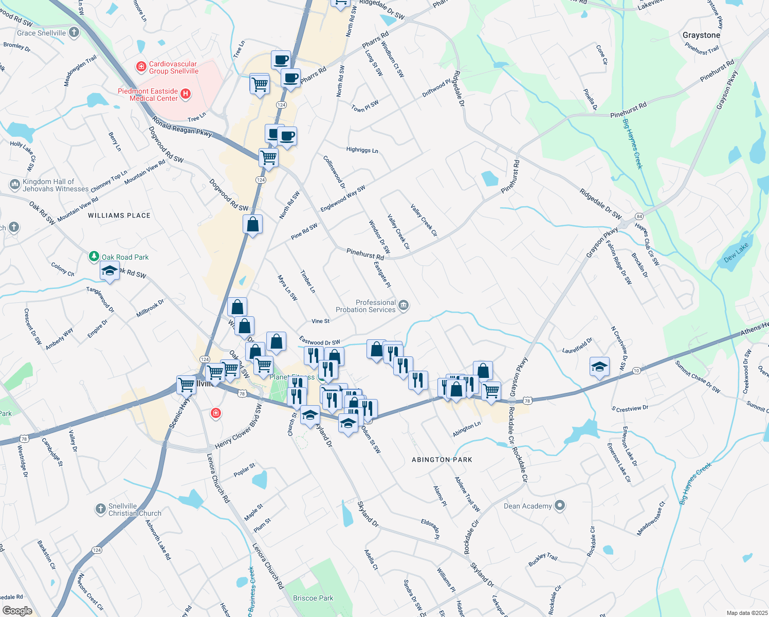map of restaurants, bars, coffee shops, grocery stores, and more near 2351 Kimberley Way Southwest in Snellville