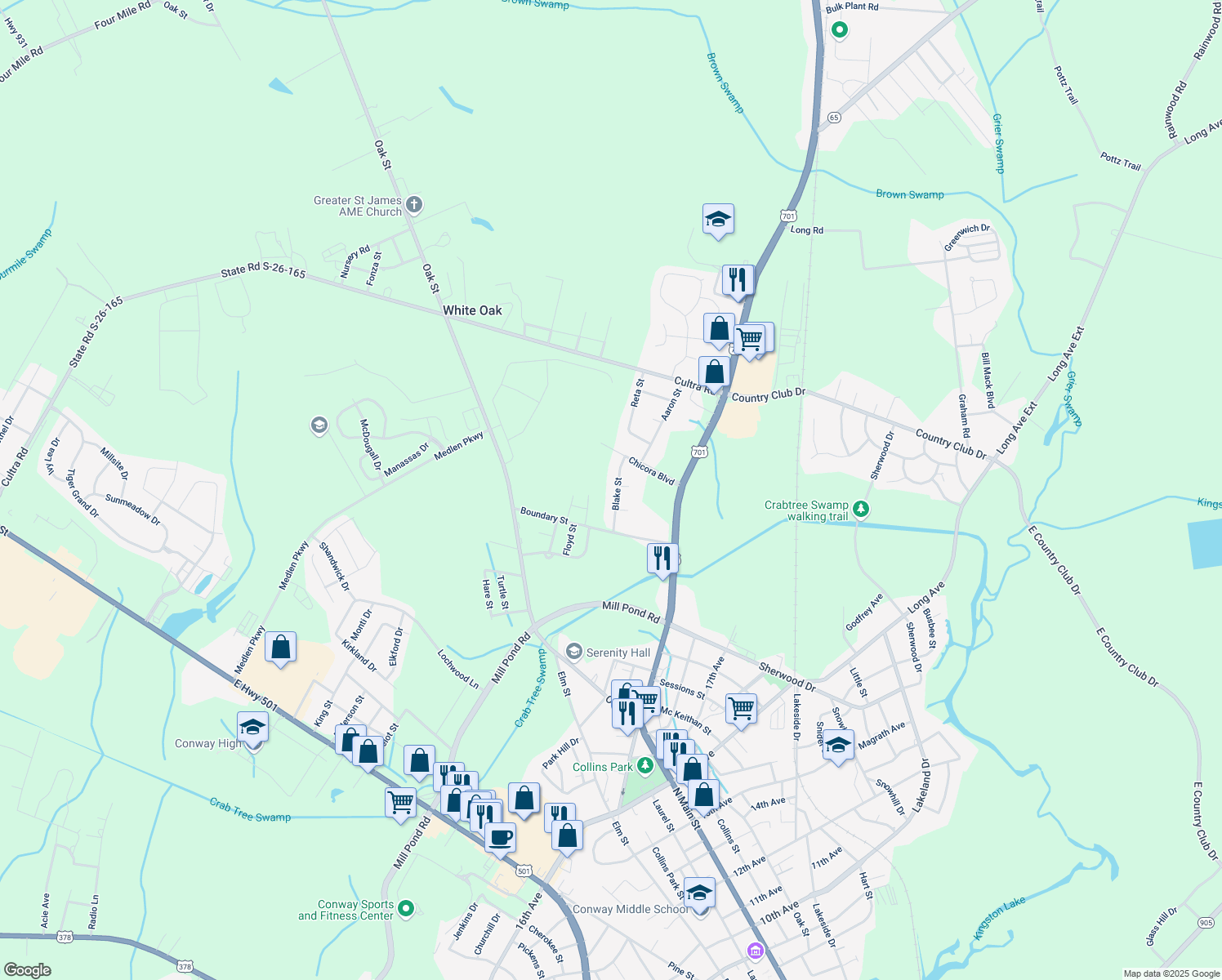 map of restaurants, bars, coffee shops, grocery stores, and more near 2413 Blake Street in Conway