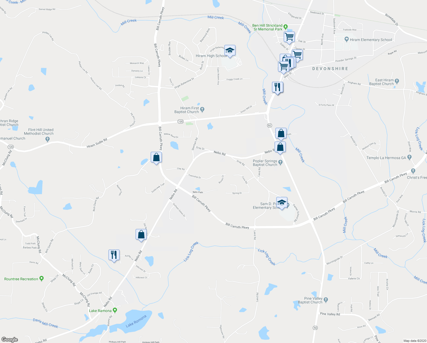 map of restaurants, bars, coffee shops, grocery stores, and more near 261 Township Drive in Hiram