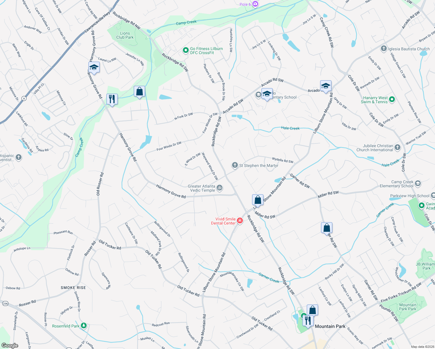 map of restaurants, bars, coffee shops, grocery stores, and more near 438 Wayward Wind Drive Southwest in Lilburn