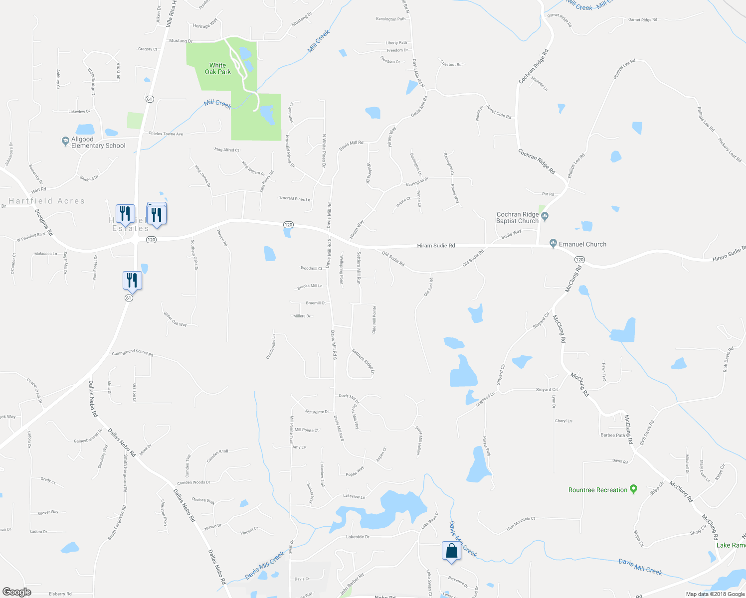 map of restaurants, bars, coffee shops, grocery stores, and more near 166 Olde Mill Pointe in Hiram