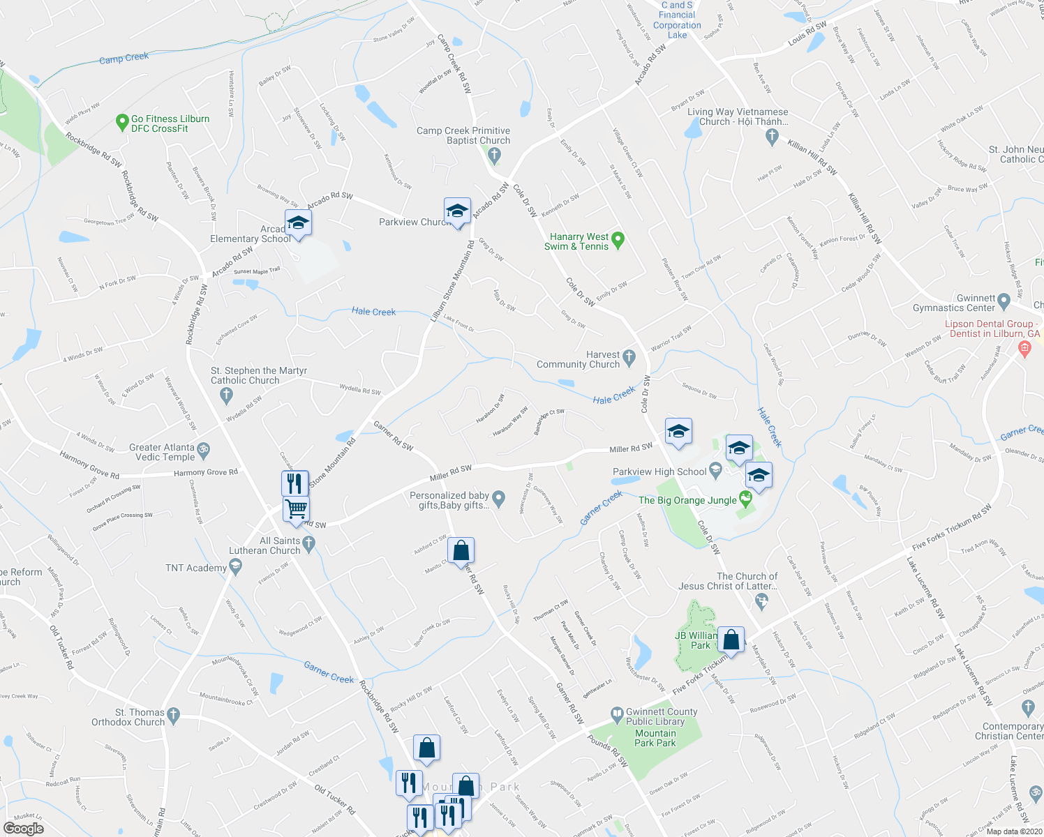 map of restaurants, bars, coffee shops, grocery stores, and more near 4994 Haralson Way Southwest in Lilburn