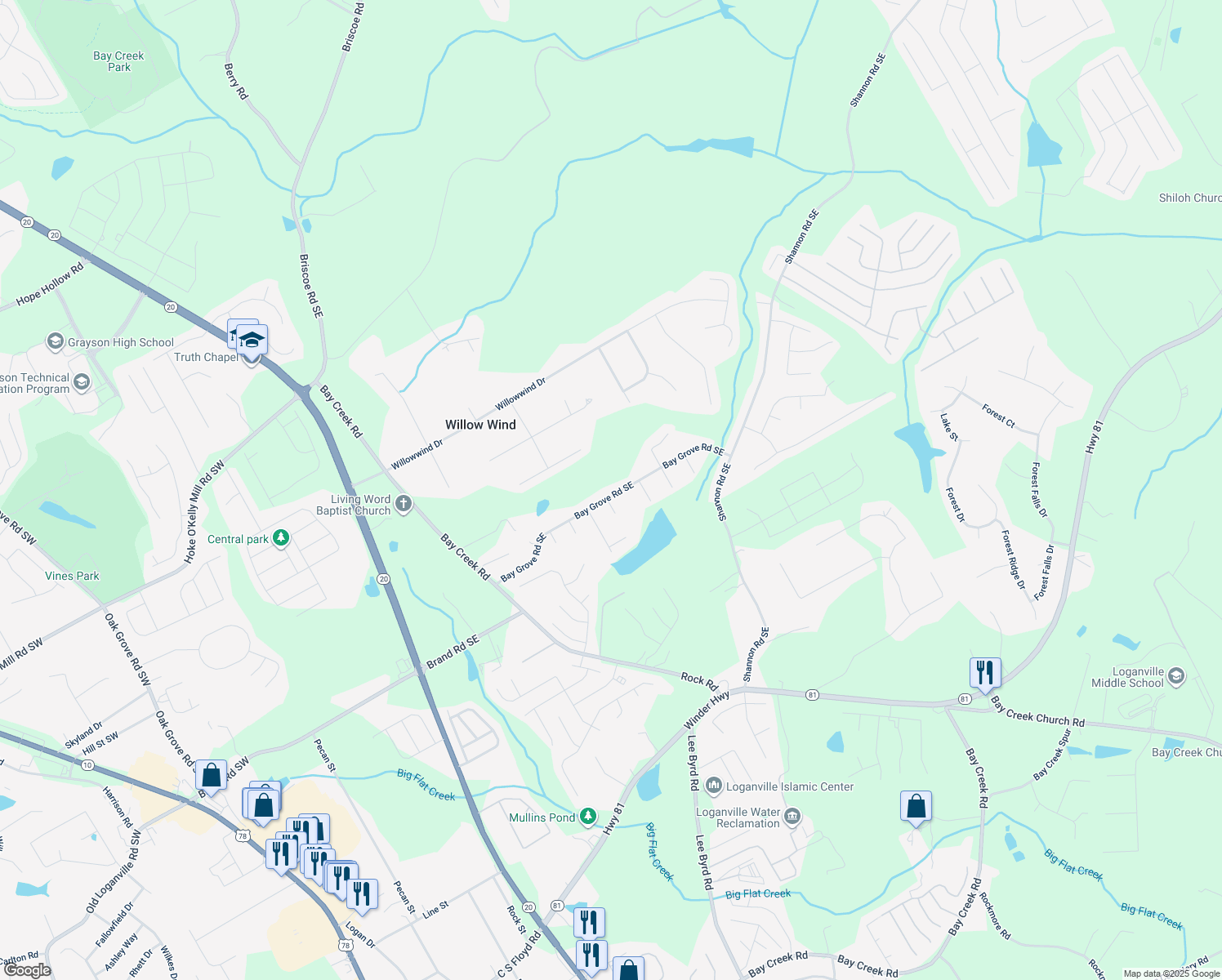 map of restaurants, bars, coffee shops, grocery stores, and more near 530 Bay Grove Road Southeast in Loganville