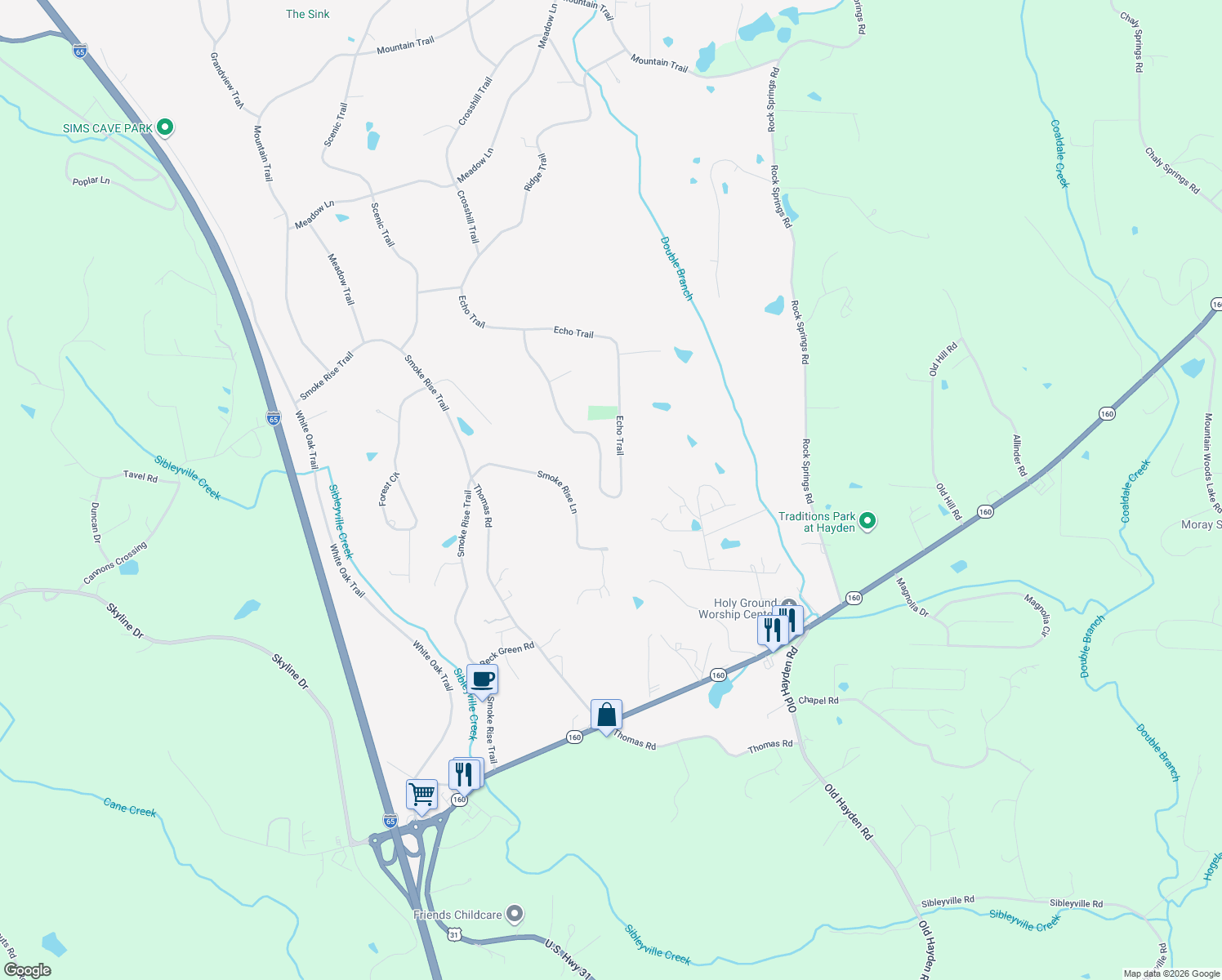 map of restaurants, bars, coffee shops, grocery stores, and more near 1064 Echo Trail in Warrior