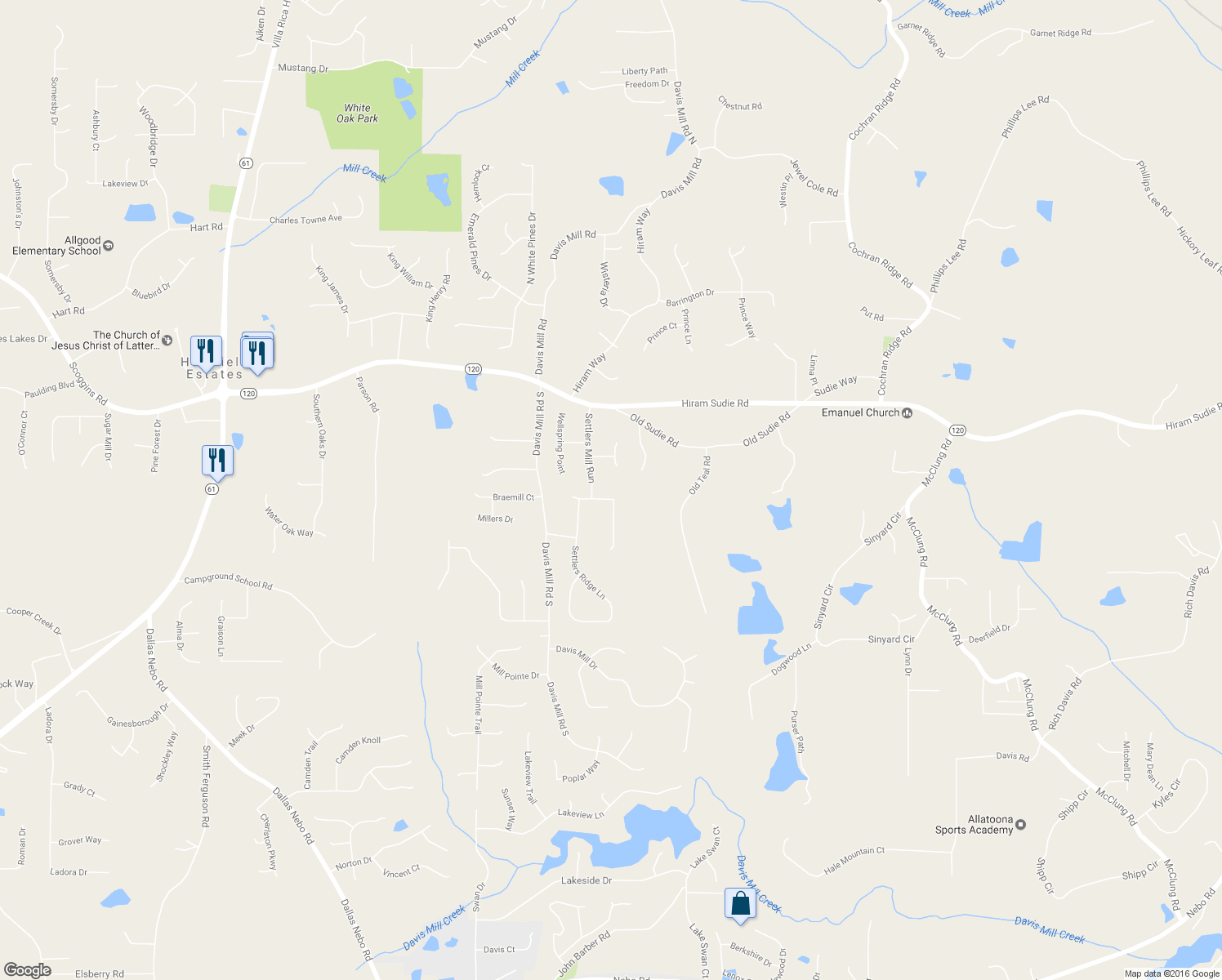 map of restaurants, bars, coffee shops, grocery stores, and more near 207 Olde Mill Pointe in Hiram