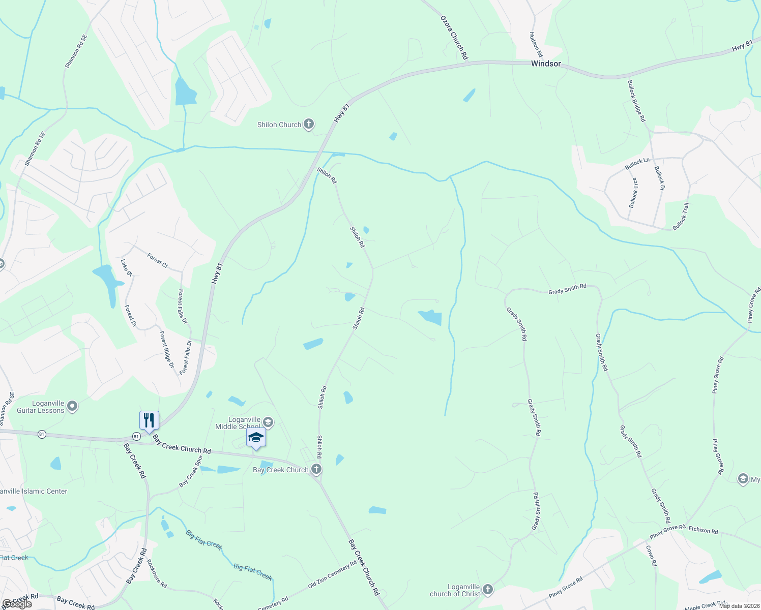 map of restaurants, bars, coffee shops, grocery stores, and more near 2477 Meredith Drive in Loganville
