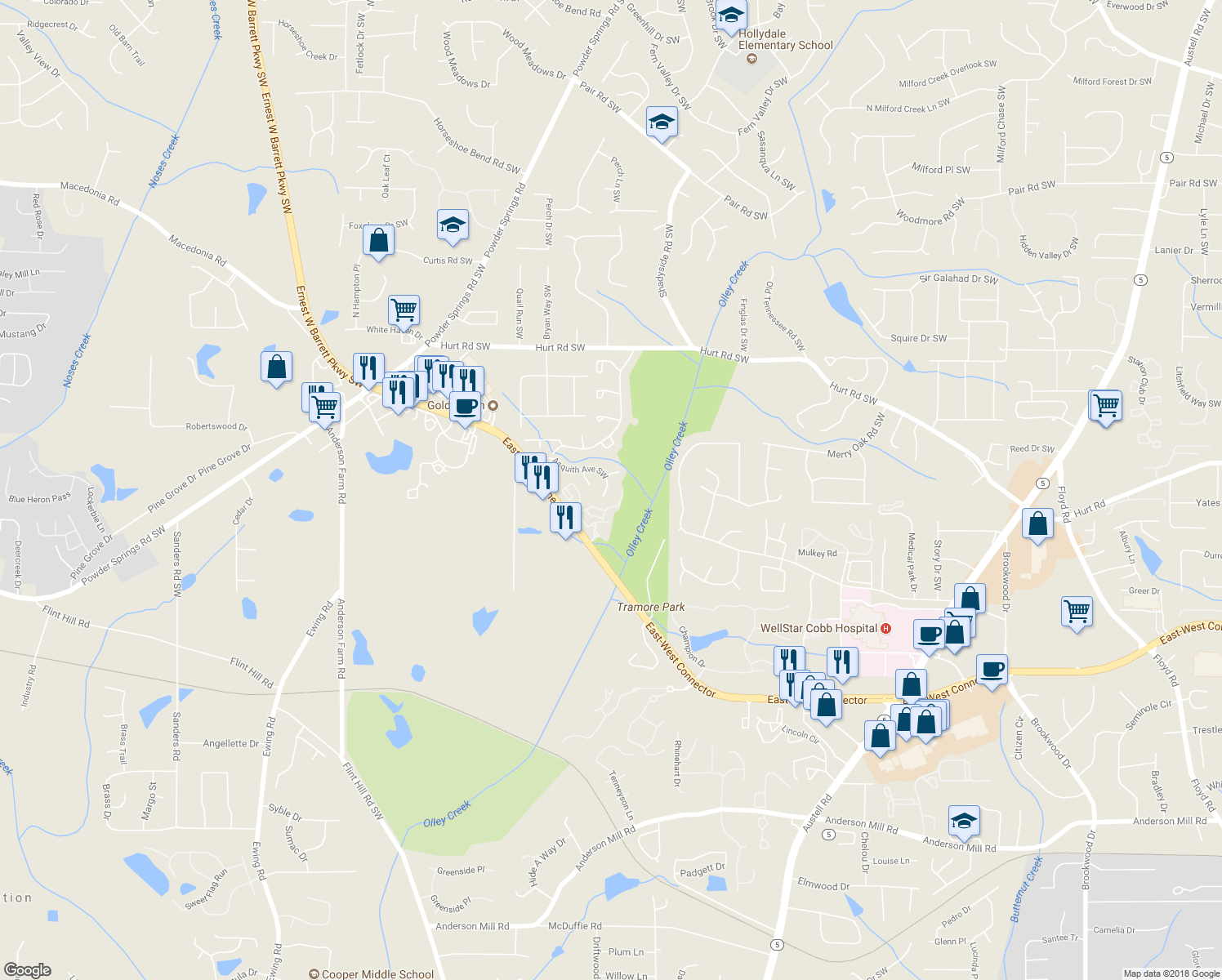 map of restaurants, bars, coffee shops, grocery stores, and more near 2180 Asquith Avenue Southwest in Marietta