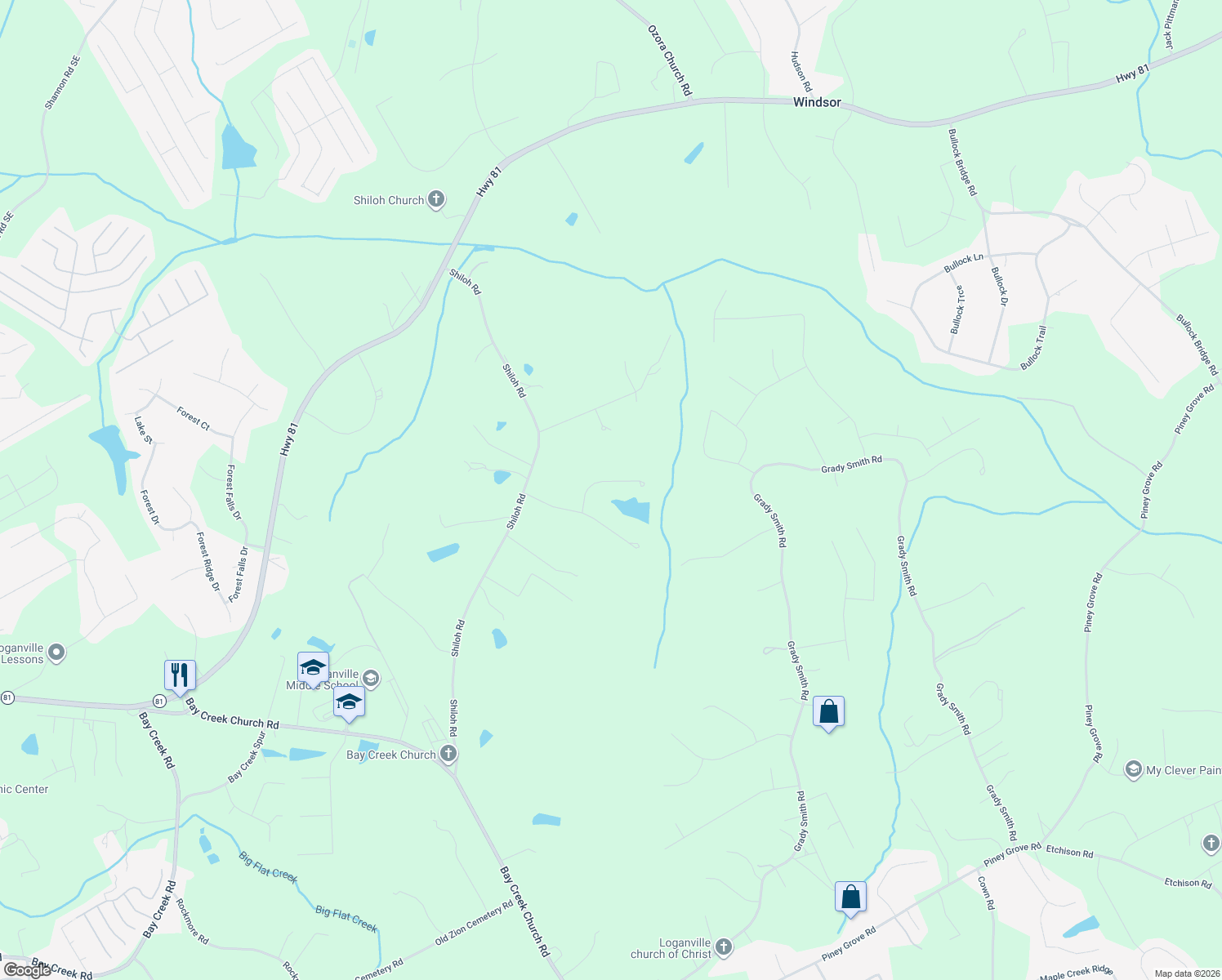 map of restaurants, bars, coffee shops, grocery stores, and more near 2344 Fisher Drive in Loganville