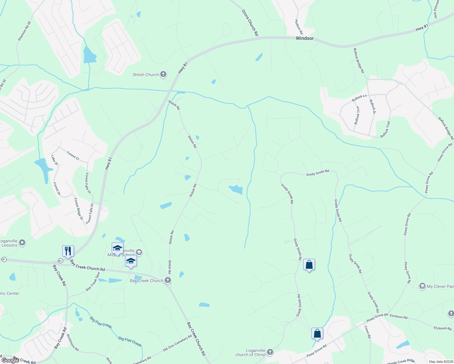 map of restaurants, bars, coffee shops, grocery stores, and more near 2344 Fisher Drive in Loganville