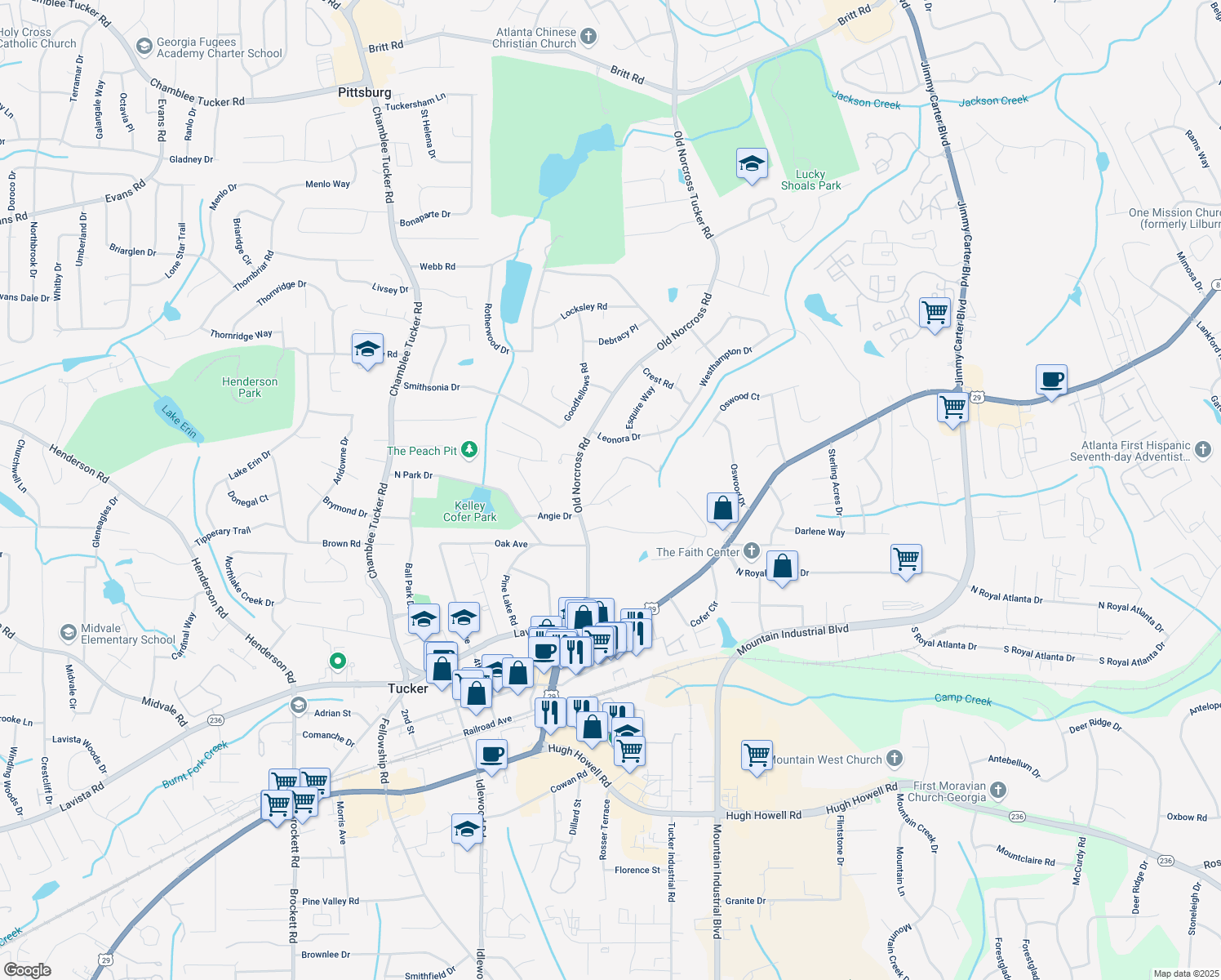 map of restaurants, bars, coffee shops, grocery stores, and more near 4462 Cain Circle in Tucker