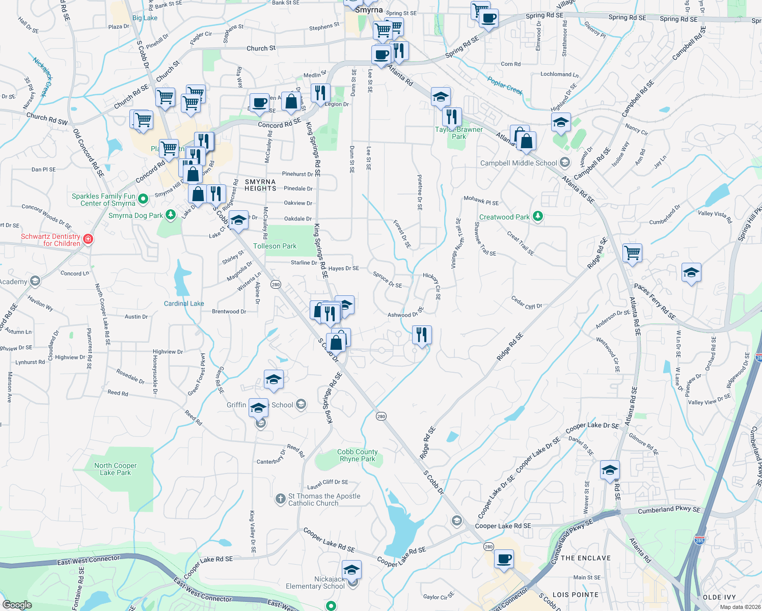 map of restaurants, bars, coffee shops, grocery stores, and more near 3683 Ashwood Dr SE in Smyrna