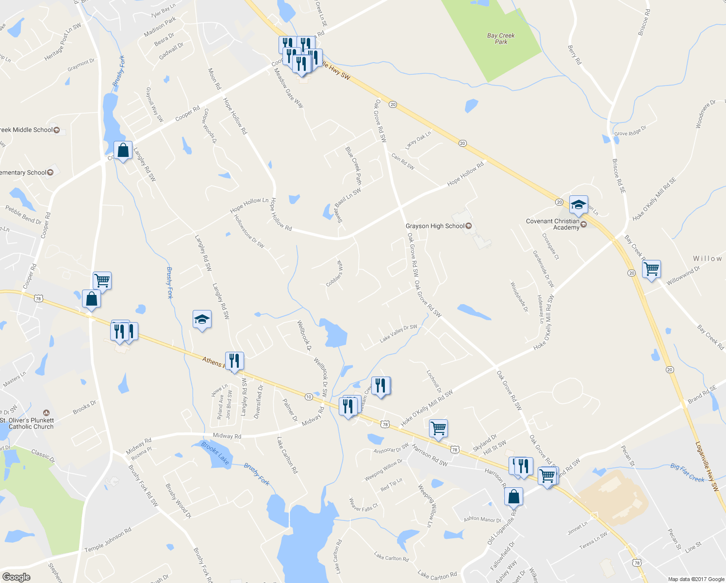 map of restaurants, bars, coffee shops, grocery stores, and more near 3333 Beech Hollow Court in Loganville