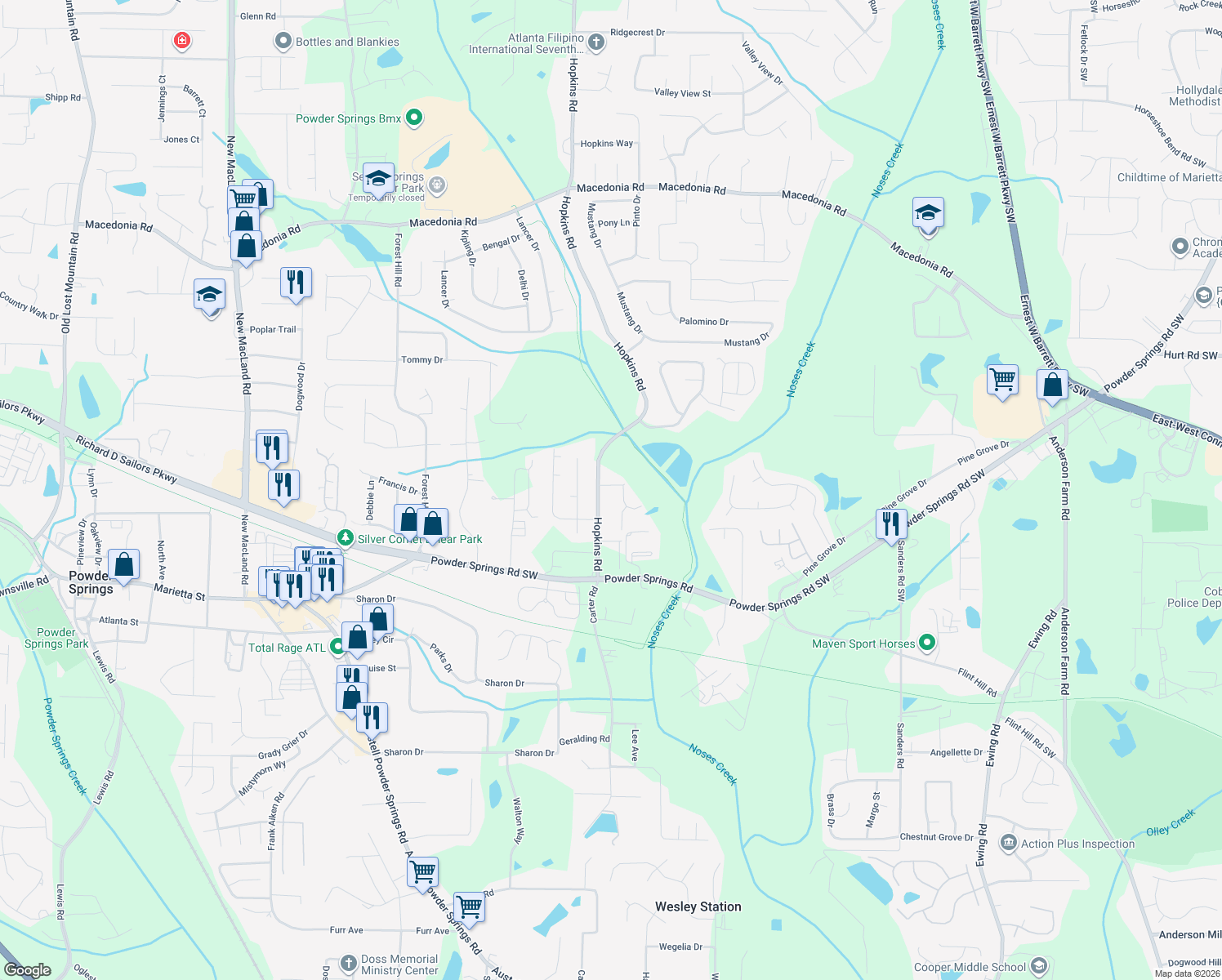 map of restaurants, bars, coffee shops, grocery stores, and more near 1010 Hopkins Crossing in Powder Springs