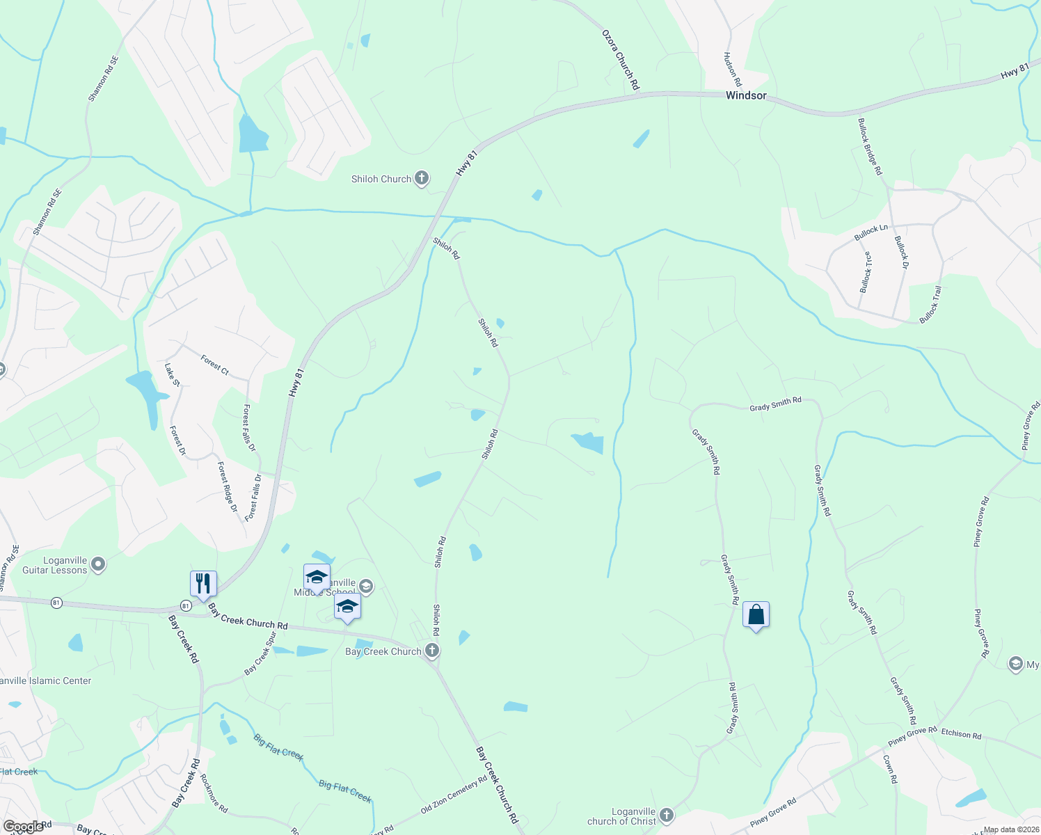 map of restaurants, bars, coffee shops, grocery stores, and more near 2477 Meredith Drive in Loganville