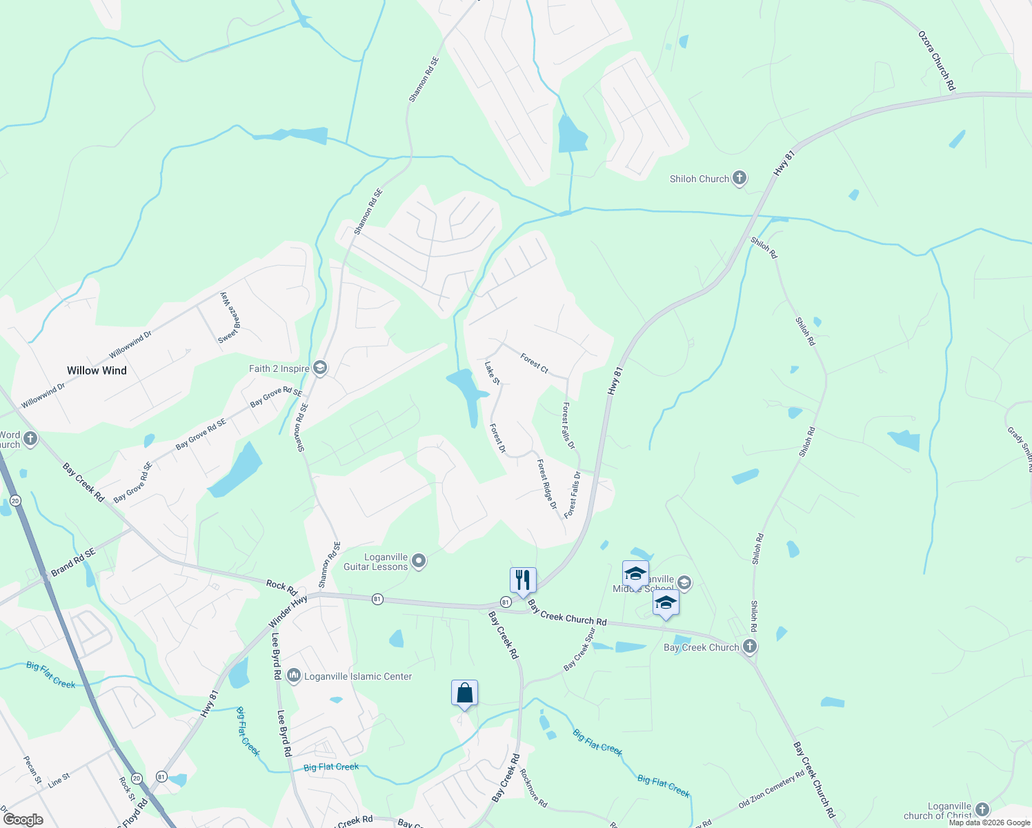 map of restaurants, bars, coffee shops, grocery stores, and more near 5543 Forest Drive in Loganville