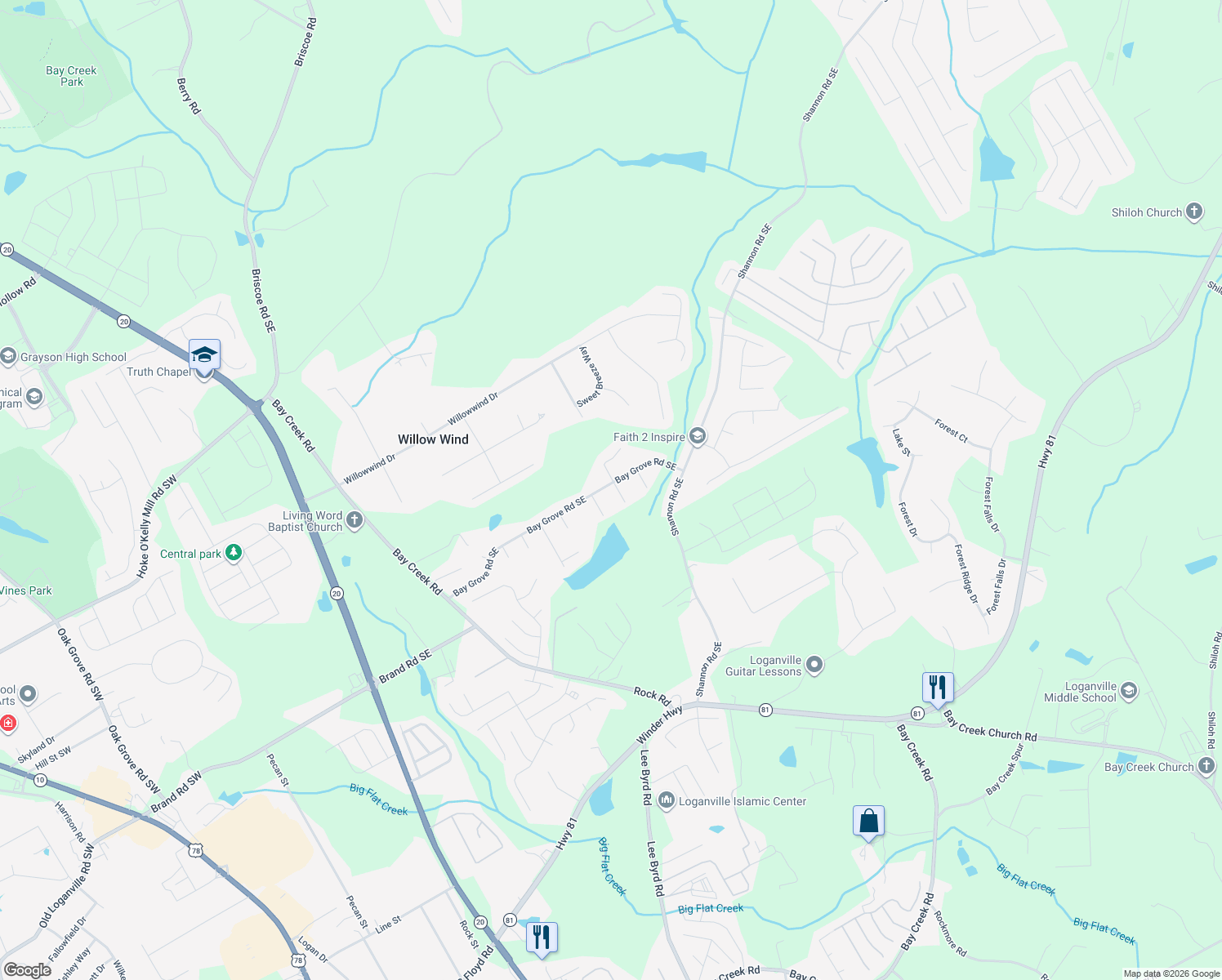 map of restaurants, bars, coffee shops, grocery stores, and more near 3661 Bay Cove Ct in Loganville