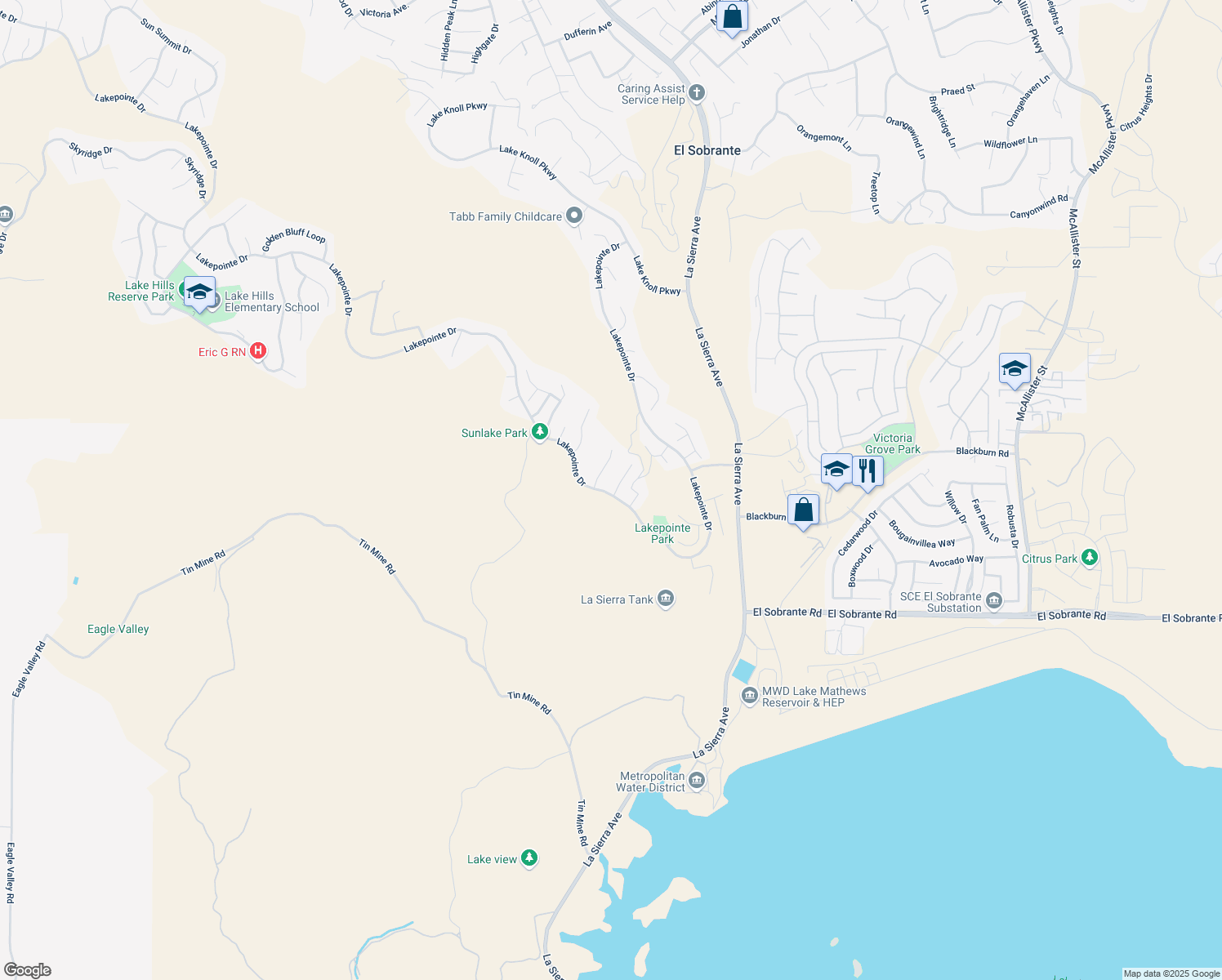 map of restaurants, bars, coffee shops, grocery stores, and more near 17683 Morning Sun Court in Riverside