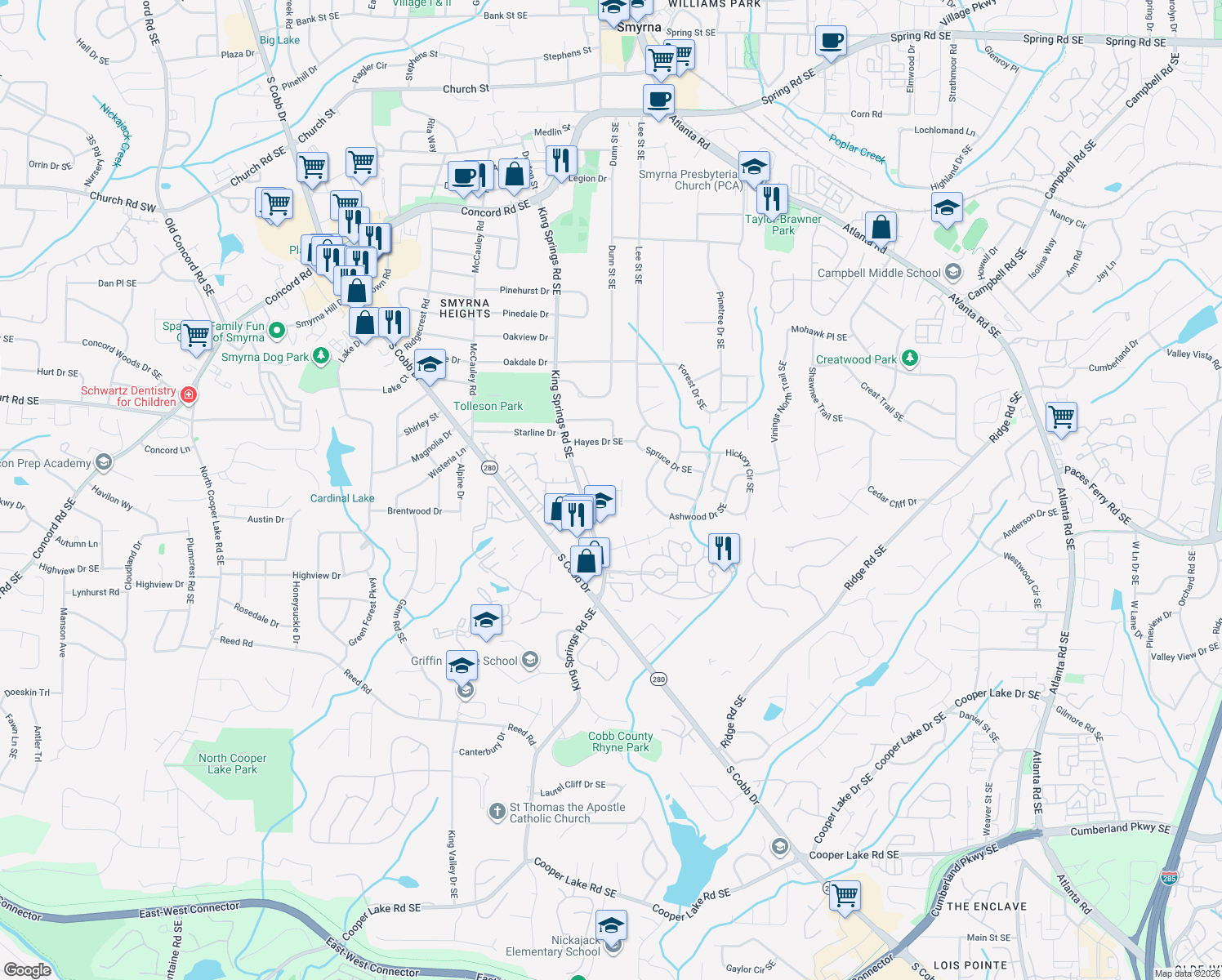 map of restaurants, bars, coffee shops, grocery stores, and more near 1231 Kingsview Dr in Smyrna