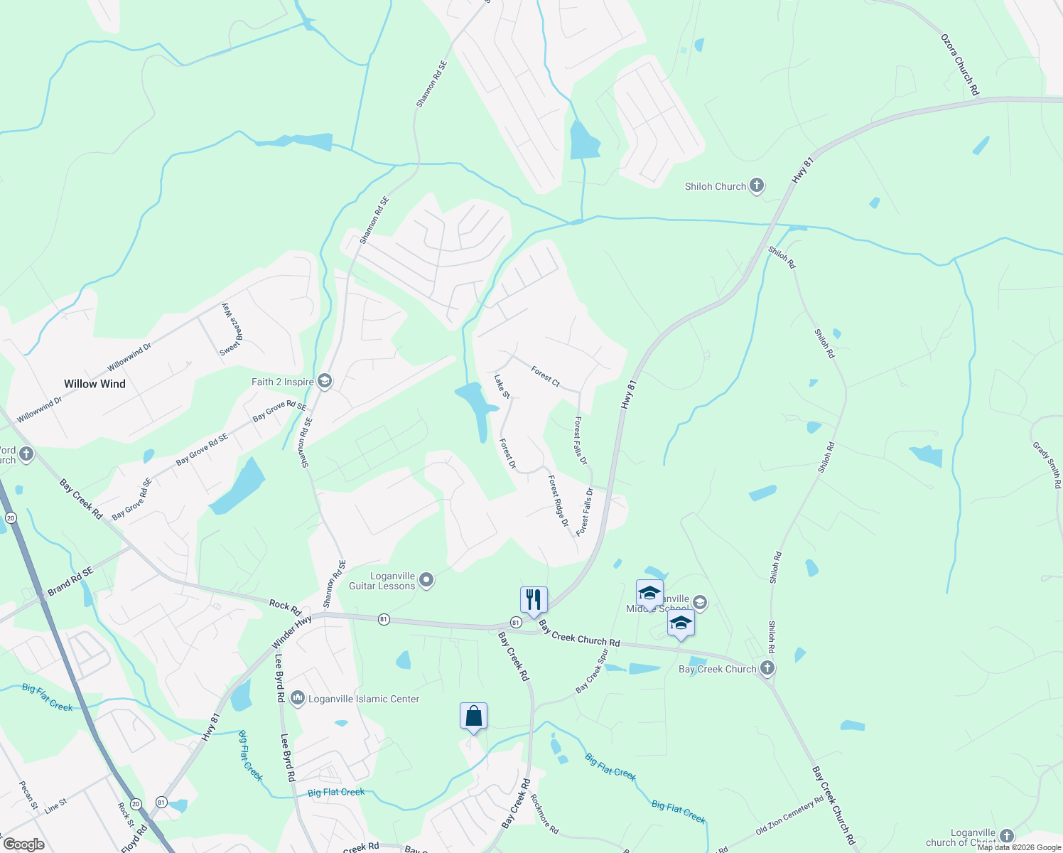 map of restaurants, bars, coffee shops, grocery stores, and more near 5543 Forest Drive in Loganville