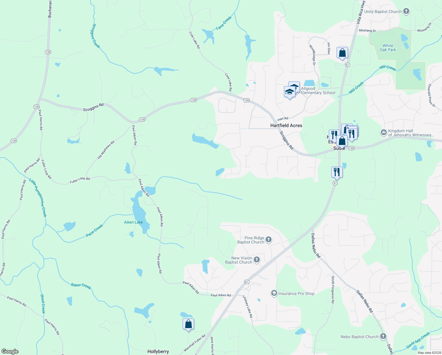 map of restaurants, bars, coffee shops, grocery stores, and more near 366 Paces Overlook Trace in Dallas