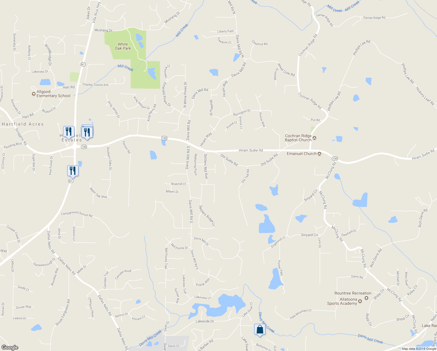 map of restaurants, bars, coffee shops, grocery stores, and more near 75 Harrow Court in Hiram