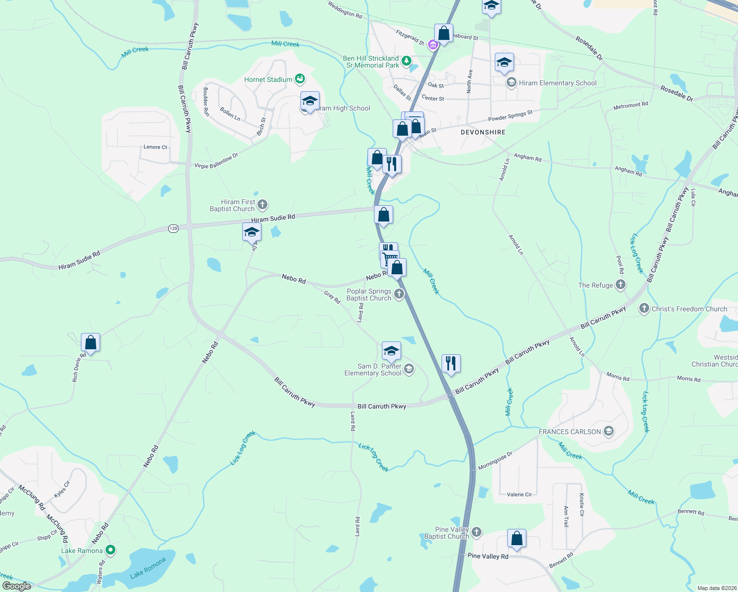 map of restaurants, bars, coffee shops, grocery stores, and more near 93 Laird Road in Hiram