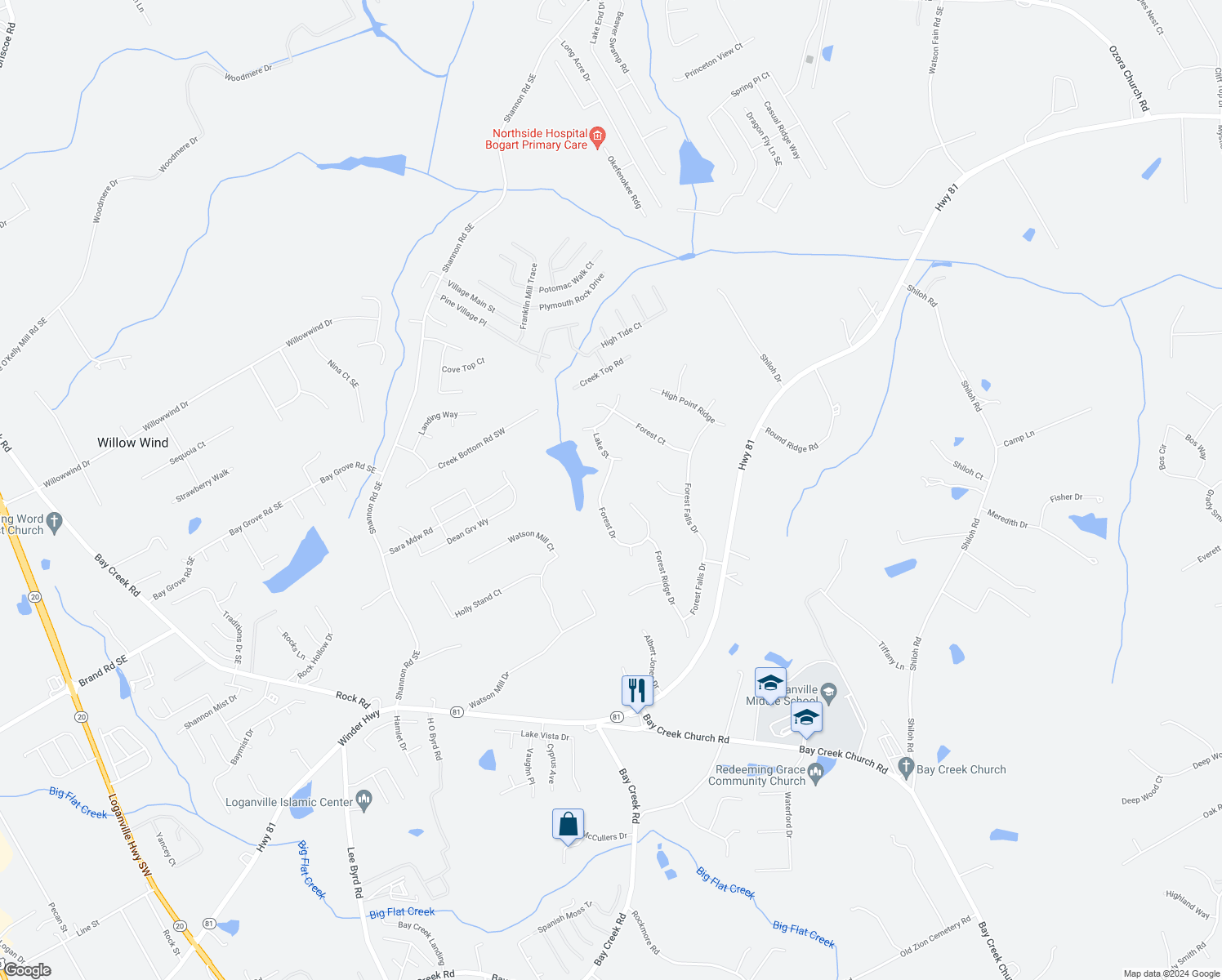 map of restaurants, bars, coffee shops, grocery stores, and more near 5334 Forest Drive in Loganville