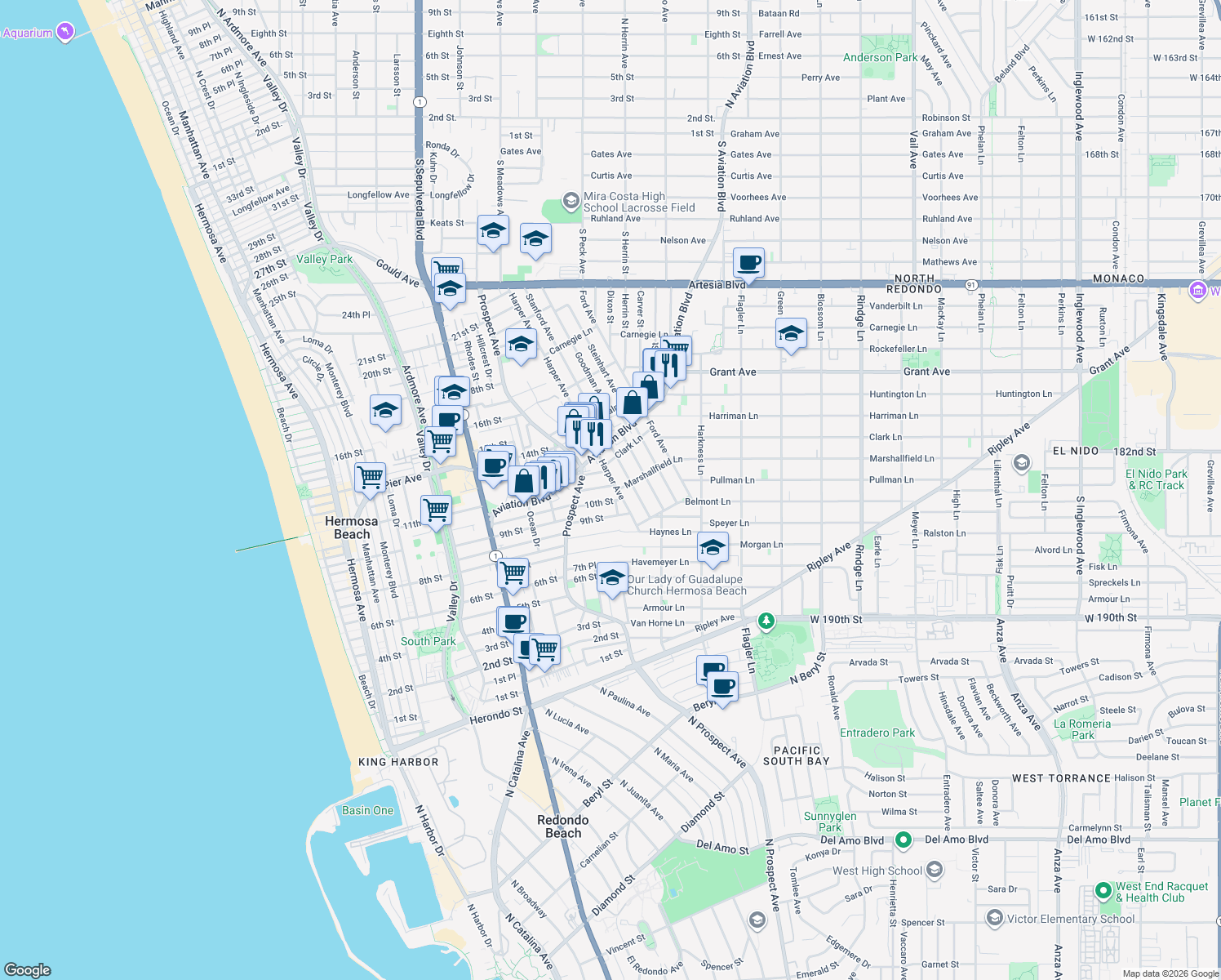 map of restaurants, bars, coffee shops, grocery stores, and more near 1244 11th Street in Hermosa Beach