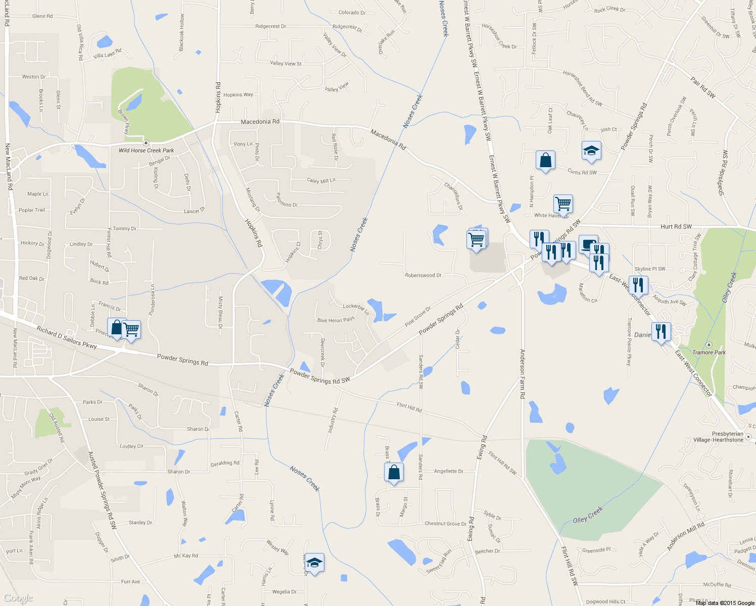 map of restaurants, bars, coffee shops, grocery stores, and more near 3130 Pine Grove Drive in Powder Springs
