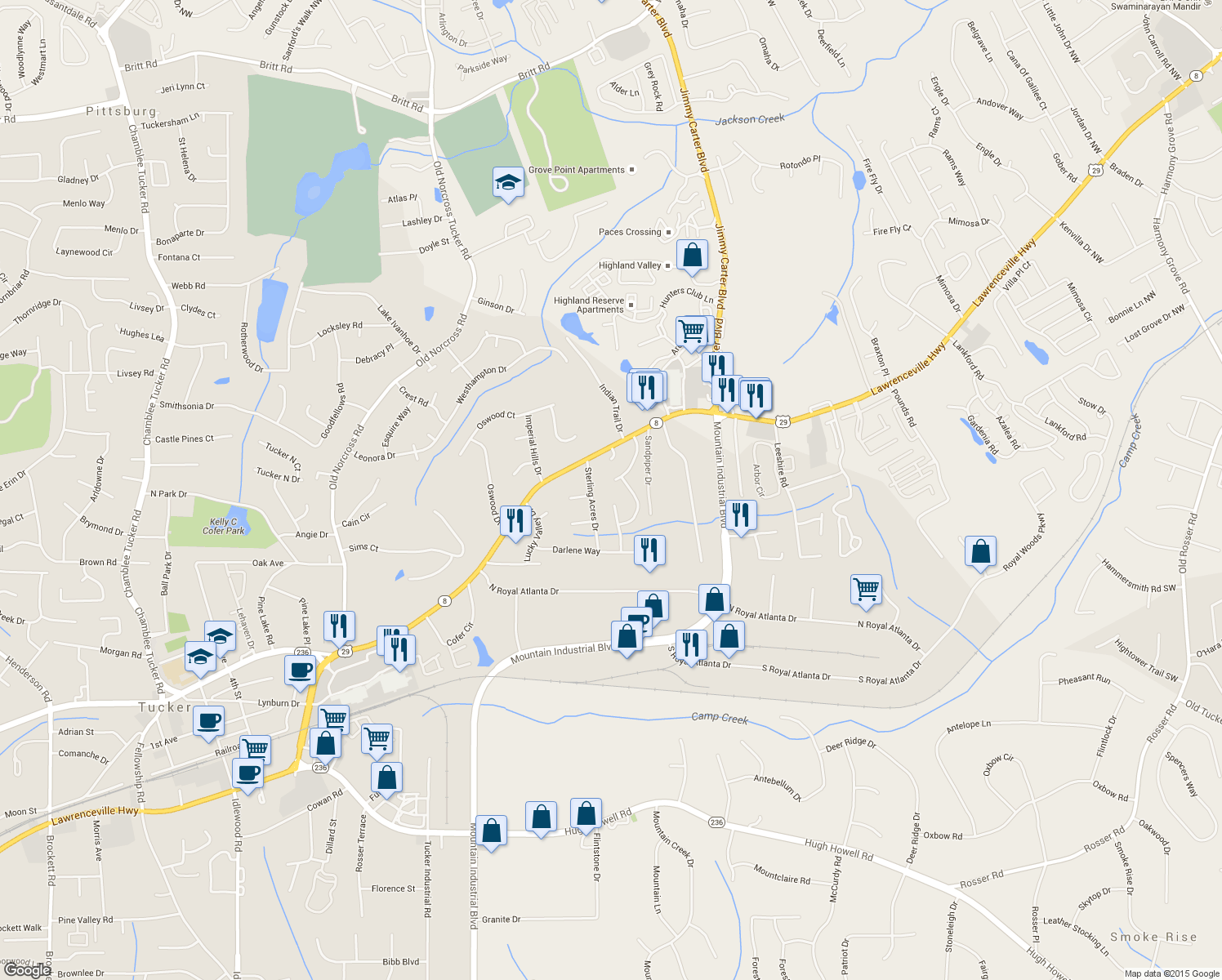 map of restaurants, bars, coffee shops, grocery stores, and more near 2643 Summit Hills Drive in Tucker